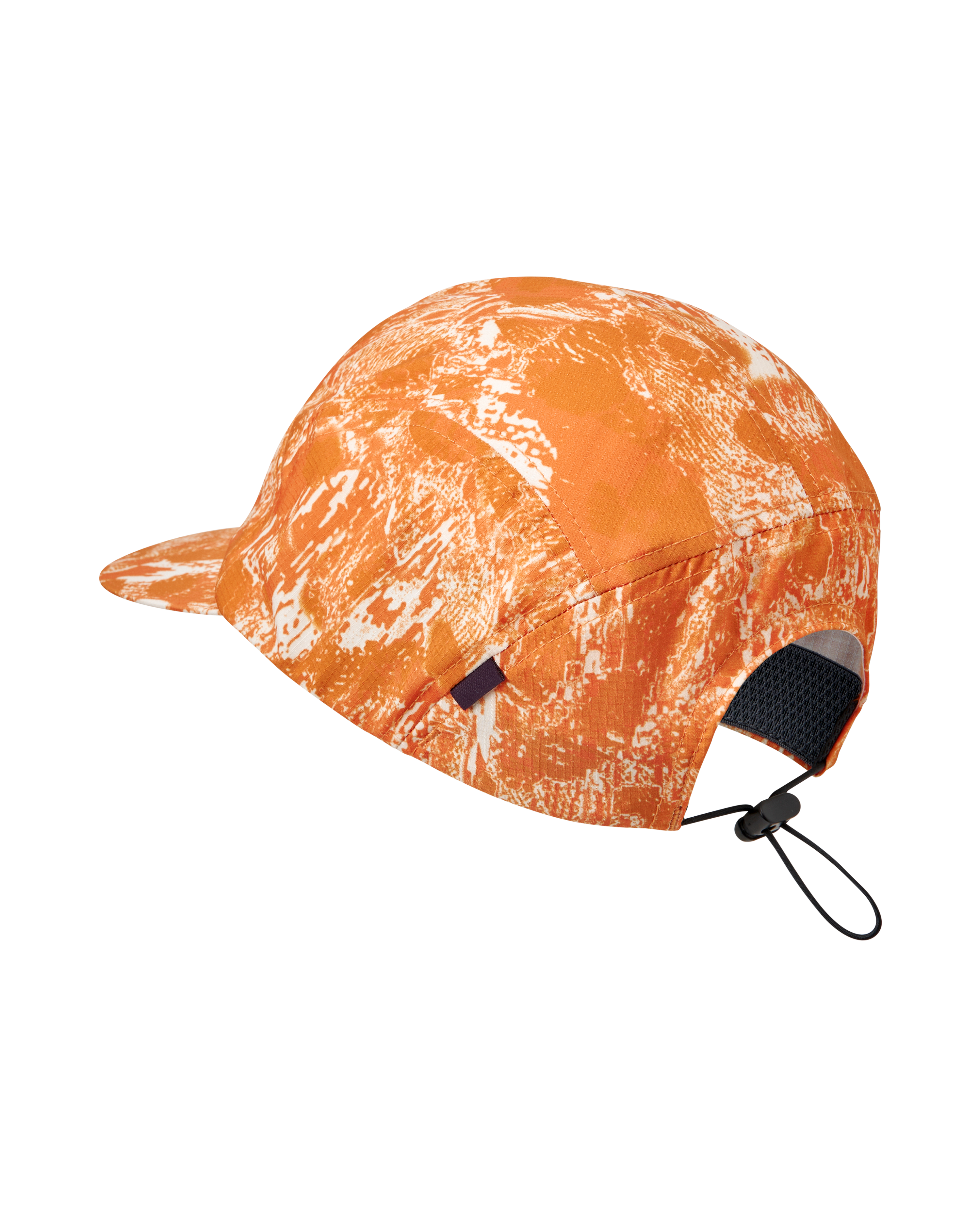 Orange Balance cap, three-quarter view with all-over white abstract print and rear drawcord adjuster