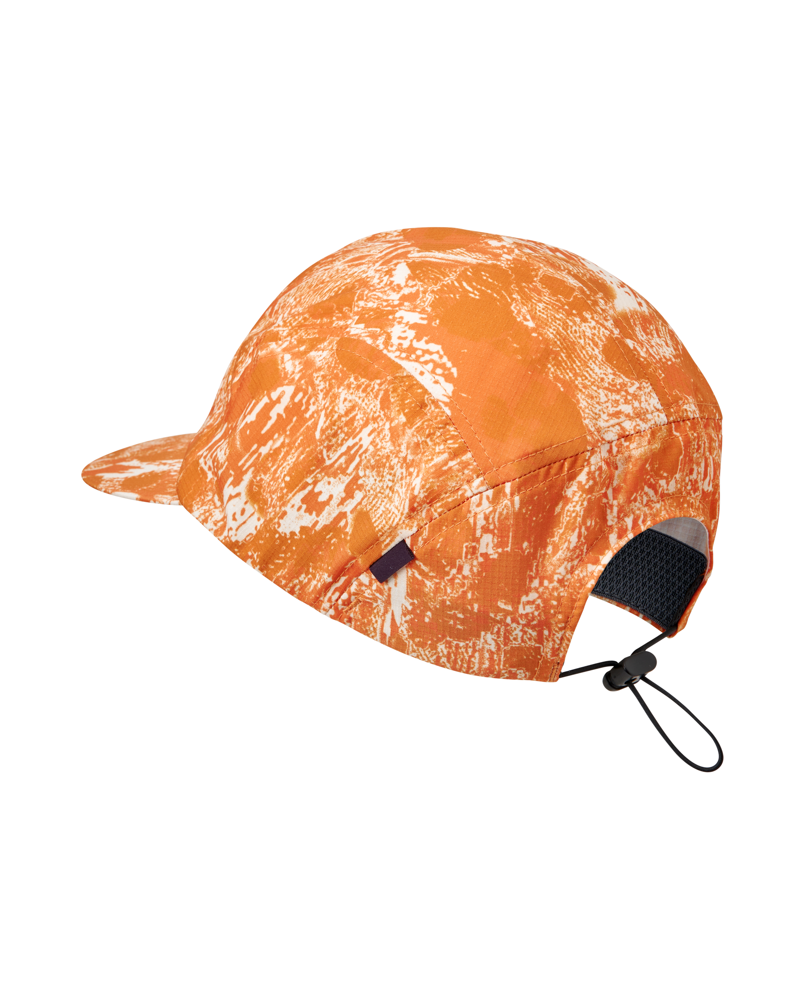 Orange Balance cap, three-quarter view with all-over white abstract print and rear drawcord adjuster