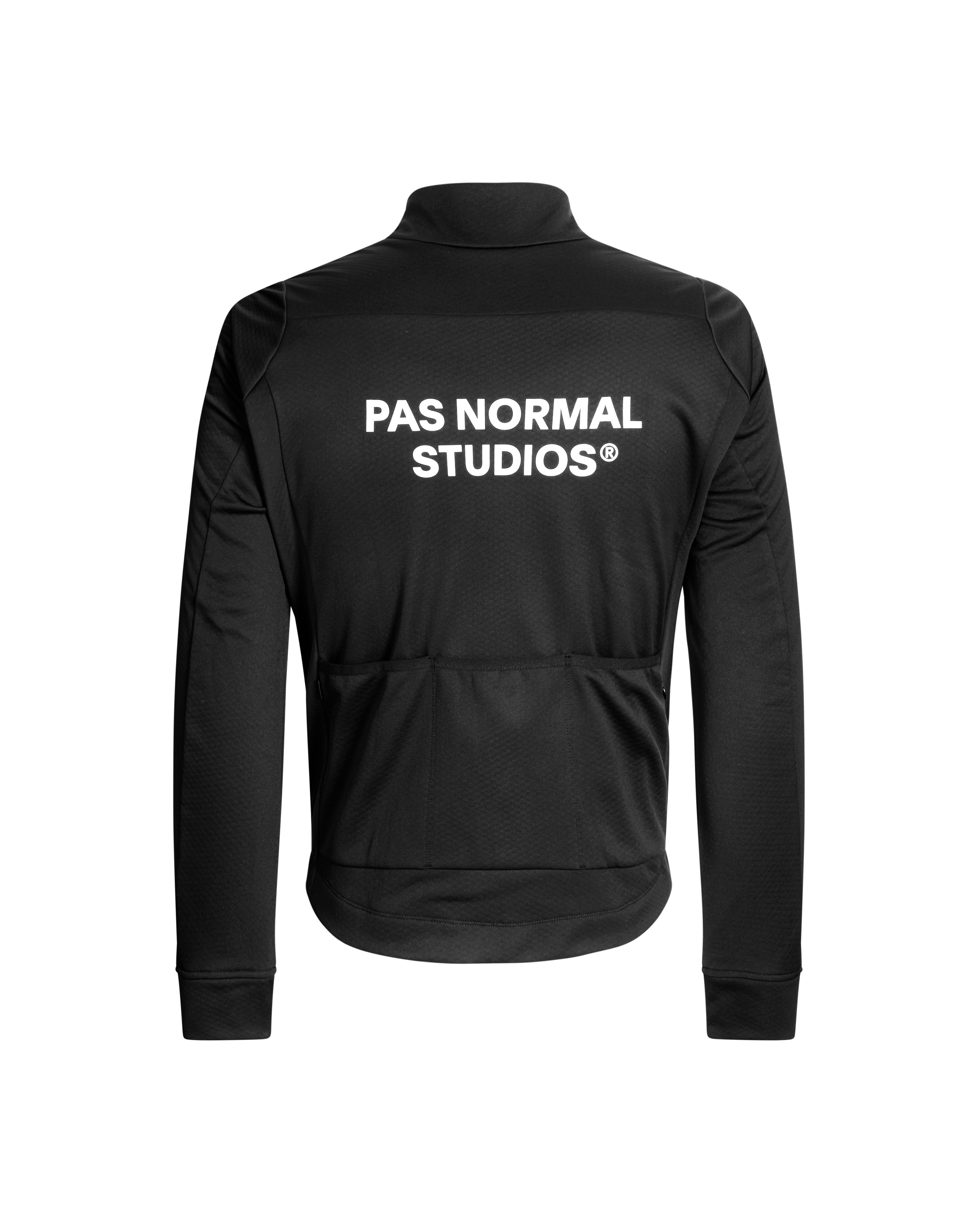 Black Essential thermal long sleeve cycling jersey, rear view with white back print