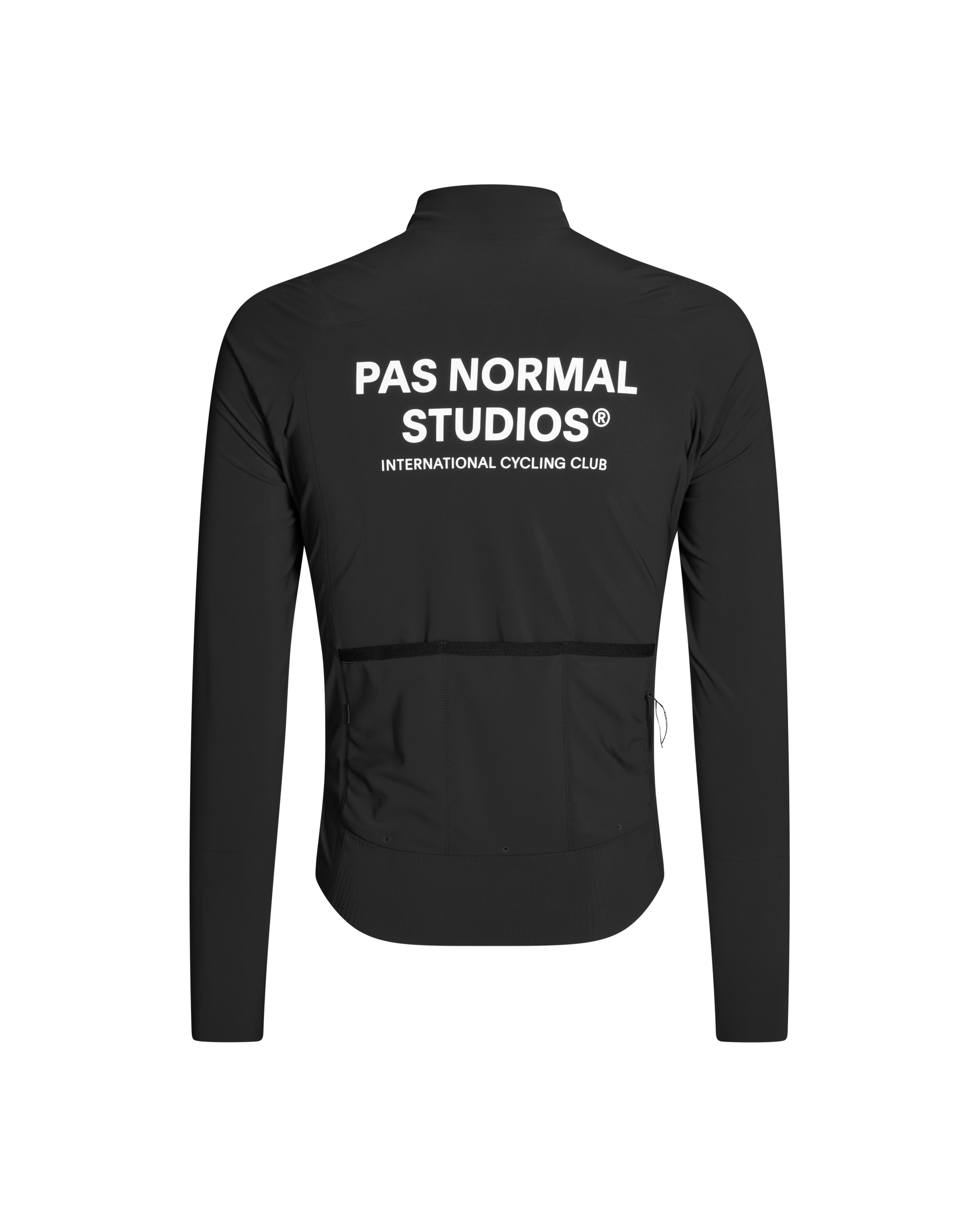 Black Mechanism Thermal cycling jacket, rear view with white logo and rear pockets