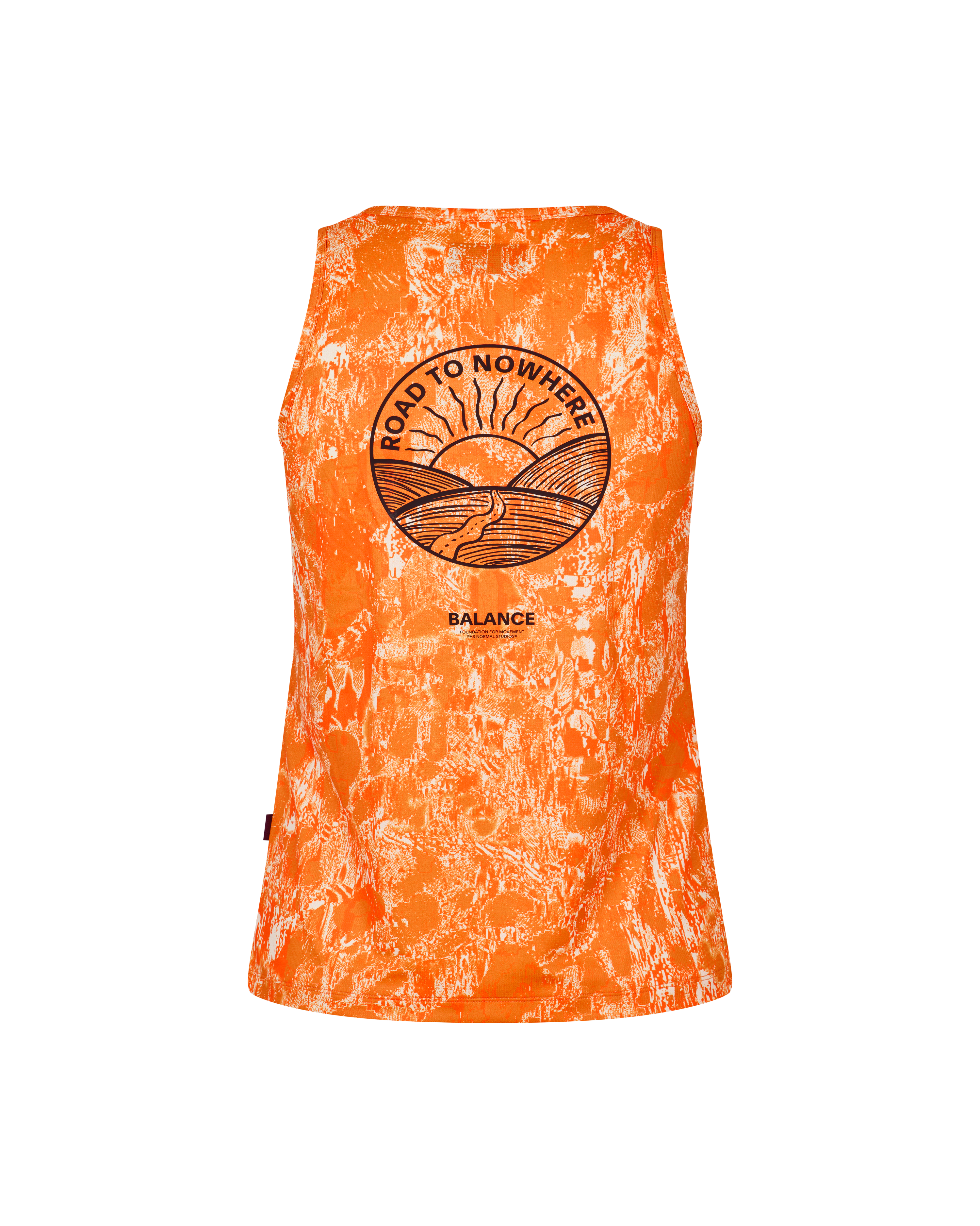 Orange Balance singlet, front flat lay with Road to Nowhere circular graphic and white paint splatter pattern
