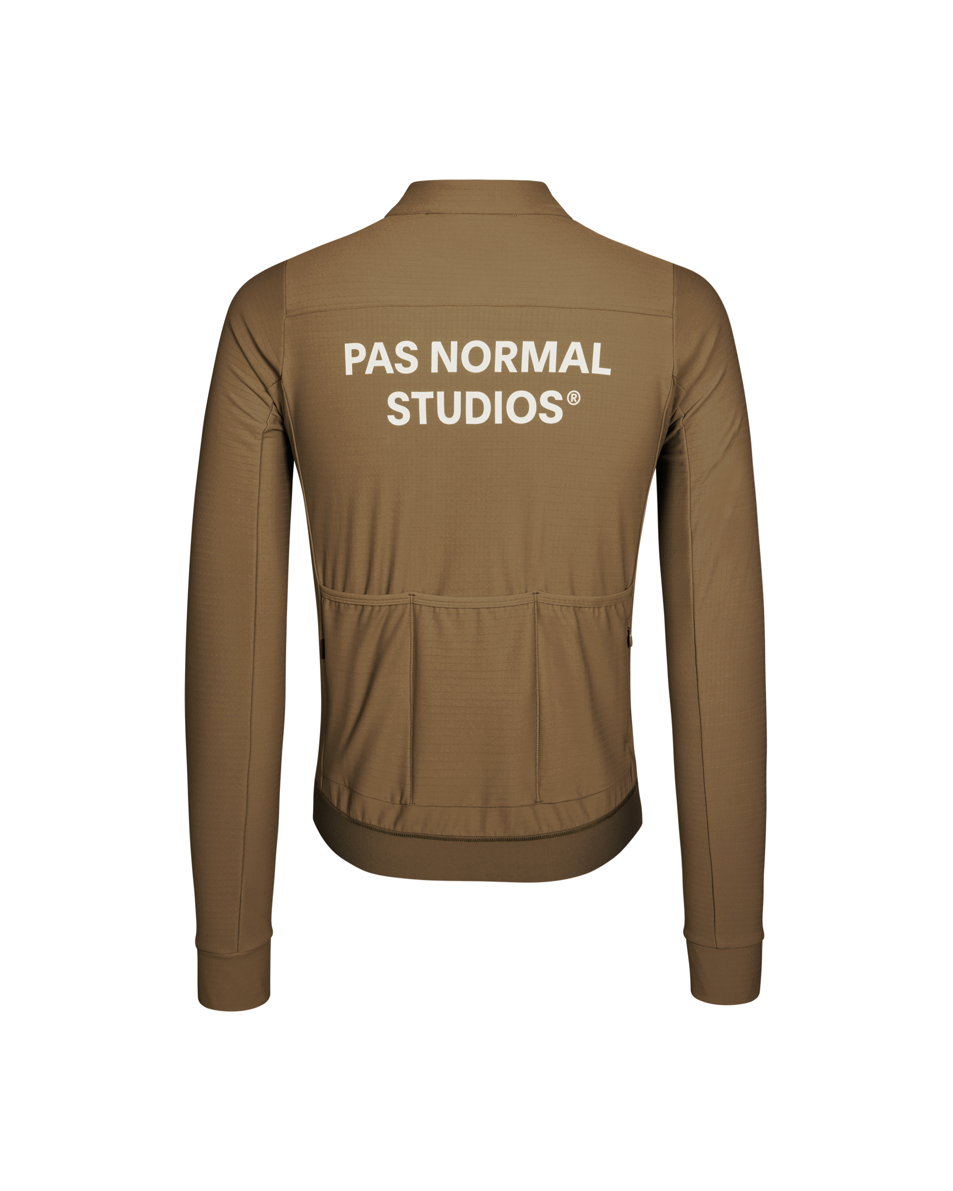 Brown Essential long sleeve cycling jersey, rear view with white logo print and rear pockets