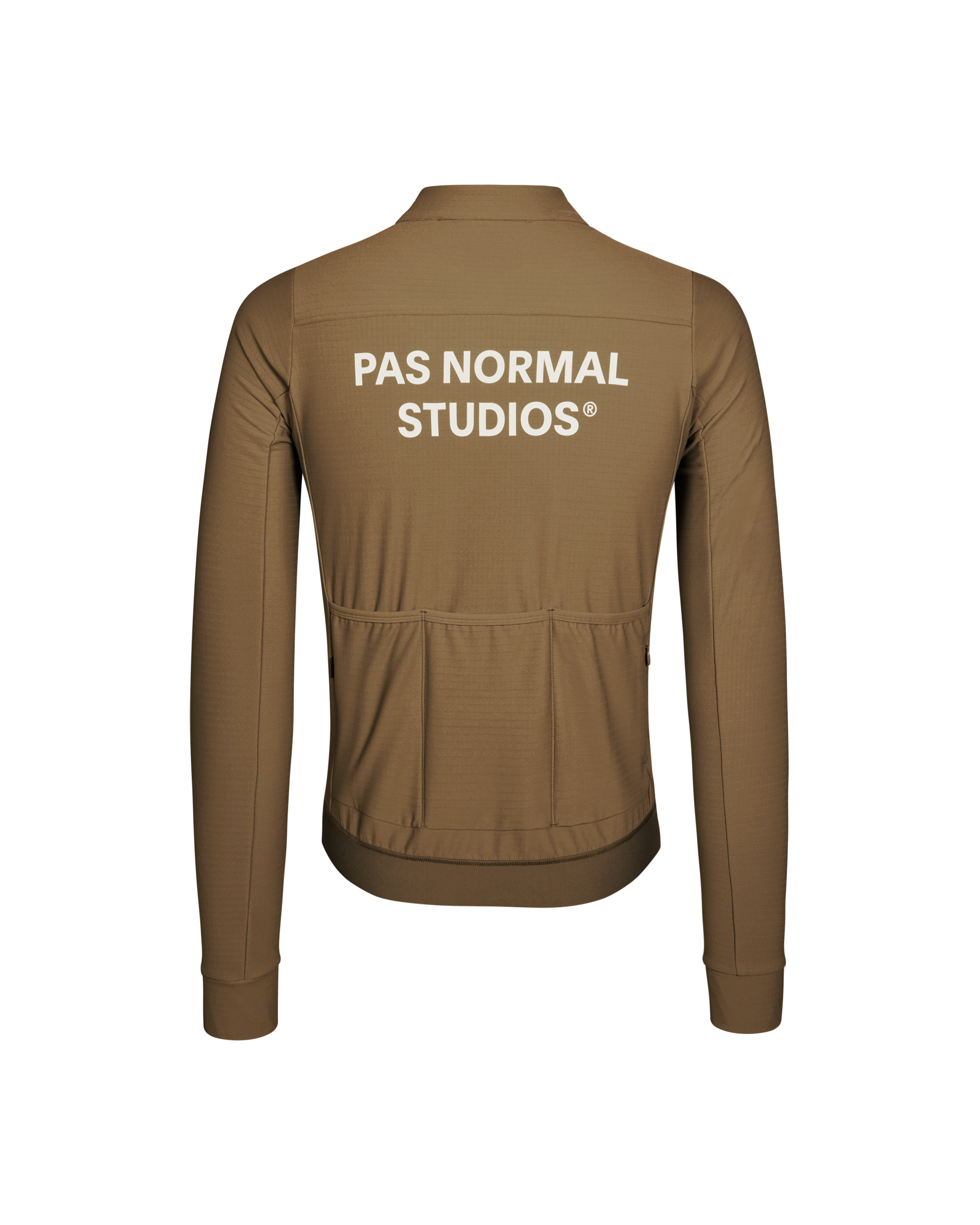 Brown Essential long sleeve cycling jersey, rear view with white logo print and rear pockets