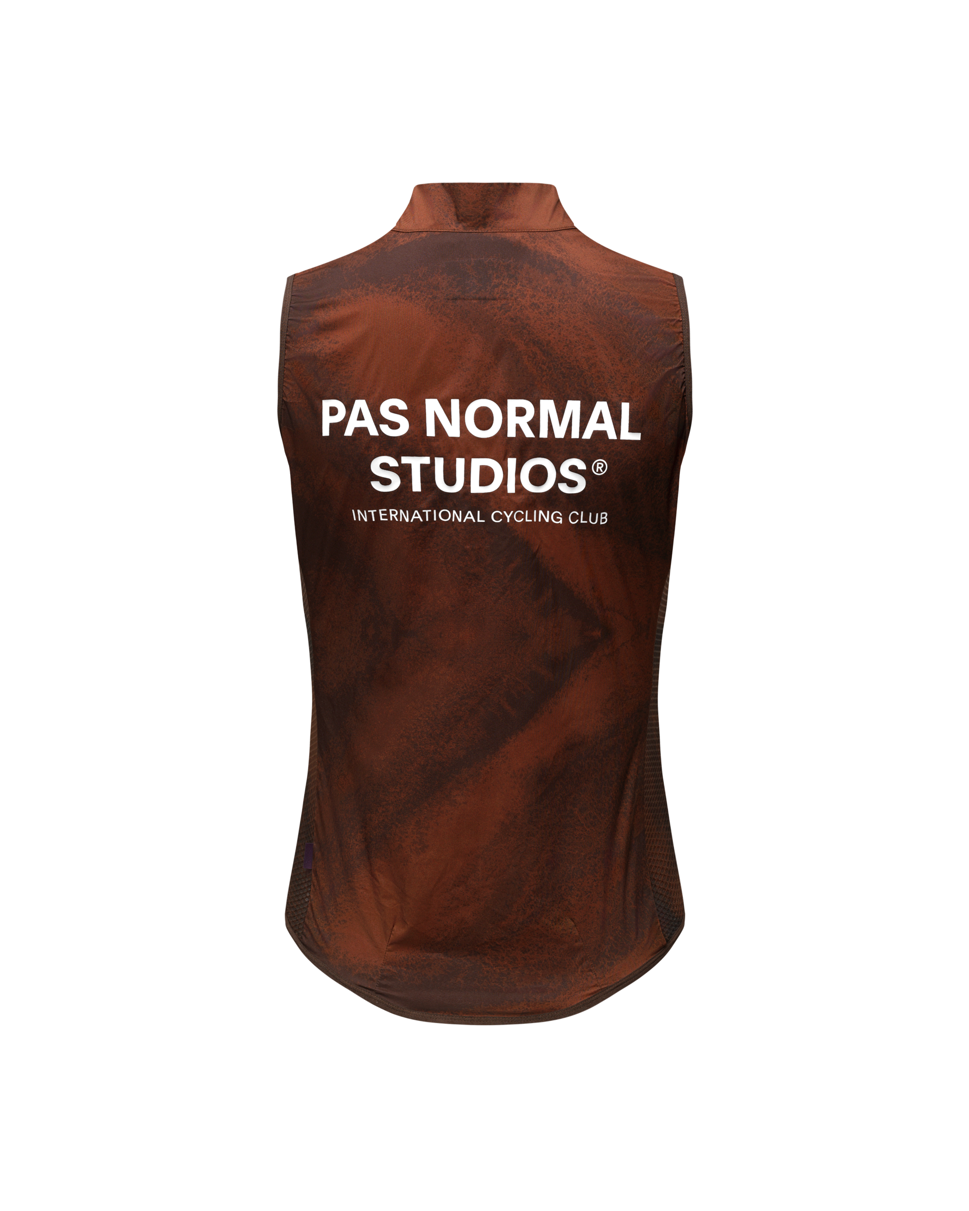 Brown Mechanism Stow Away gilet, rear flat lay with white logo print