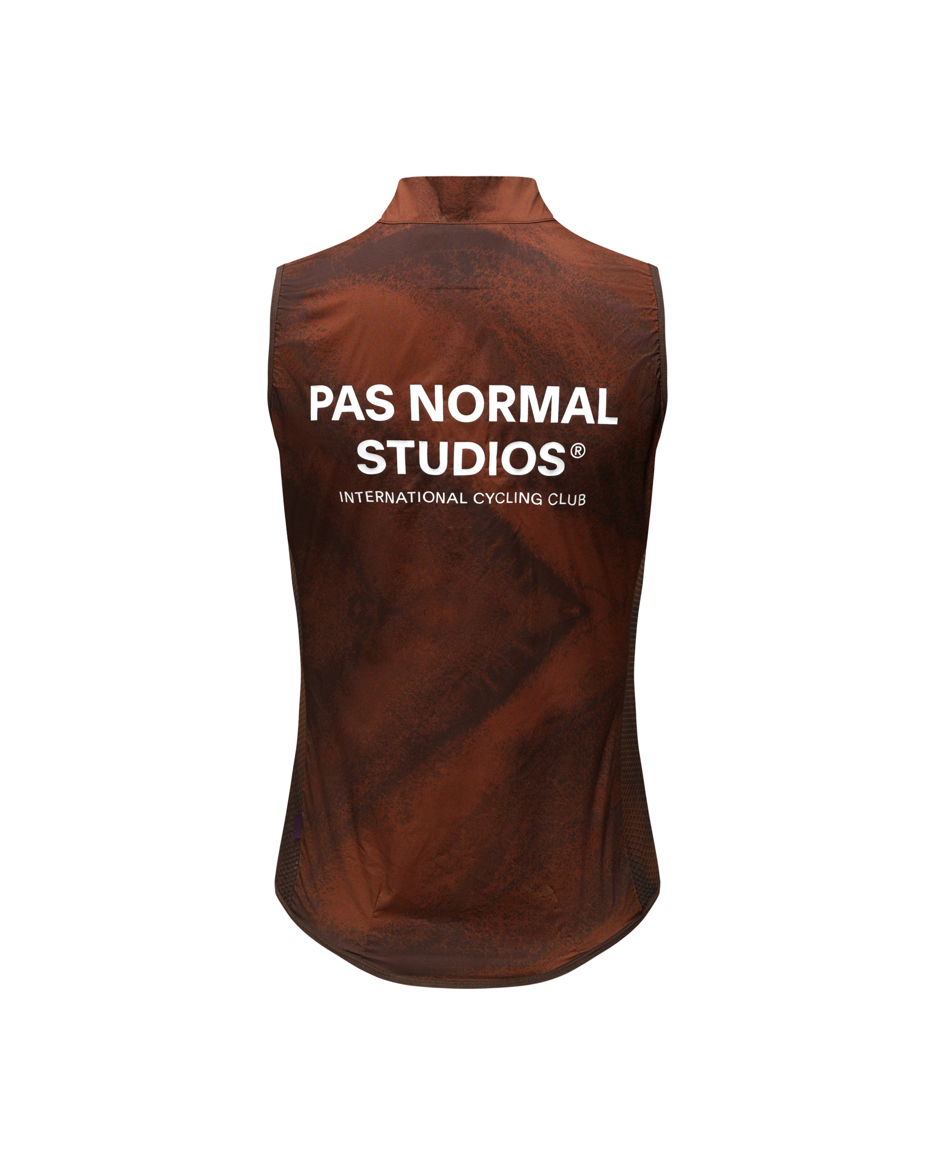 Brown Mechanism Stow Away gilet, rear flat lay with white logo print