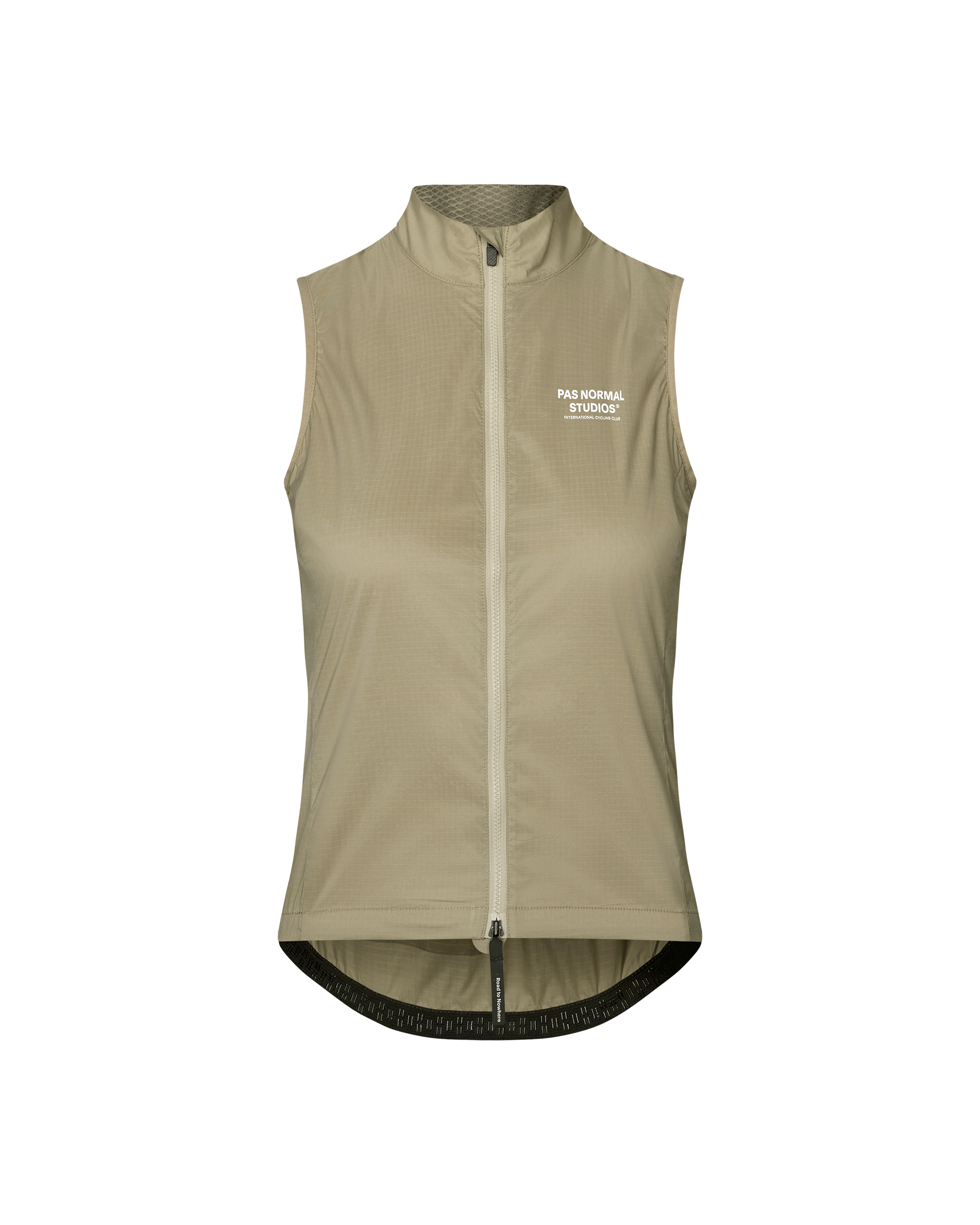 Grey Sage Essential cycling gilet, front flat lay with full zip and white chest logo