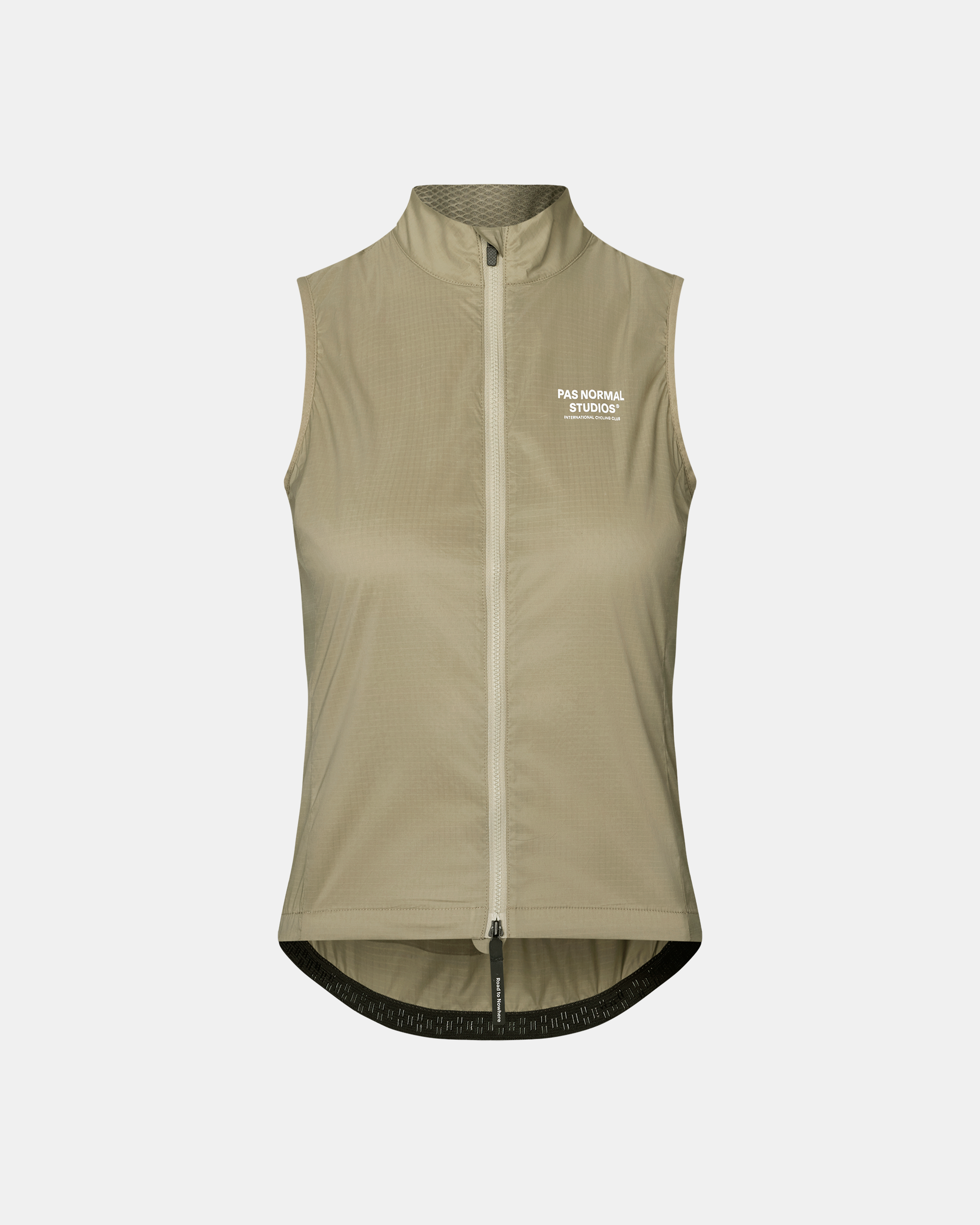 Grey Sage Essential cycling gilet, front flat lay with full zip and white chest logo