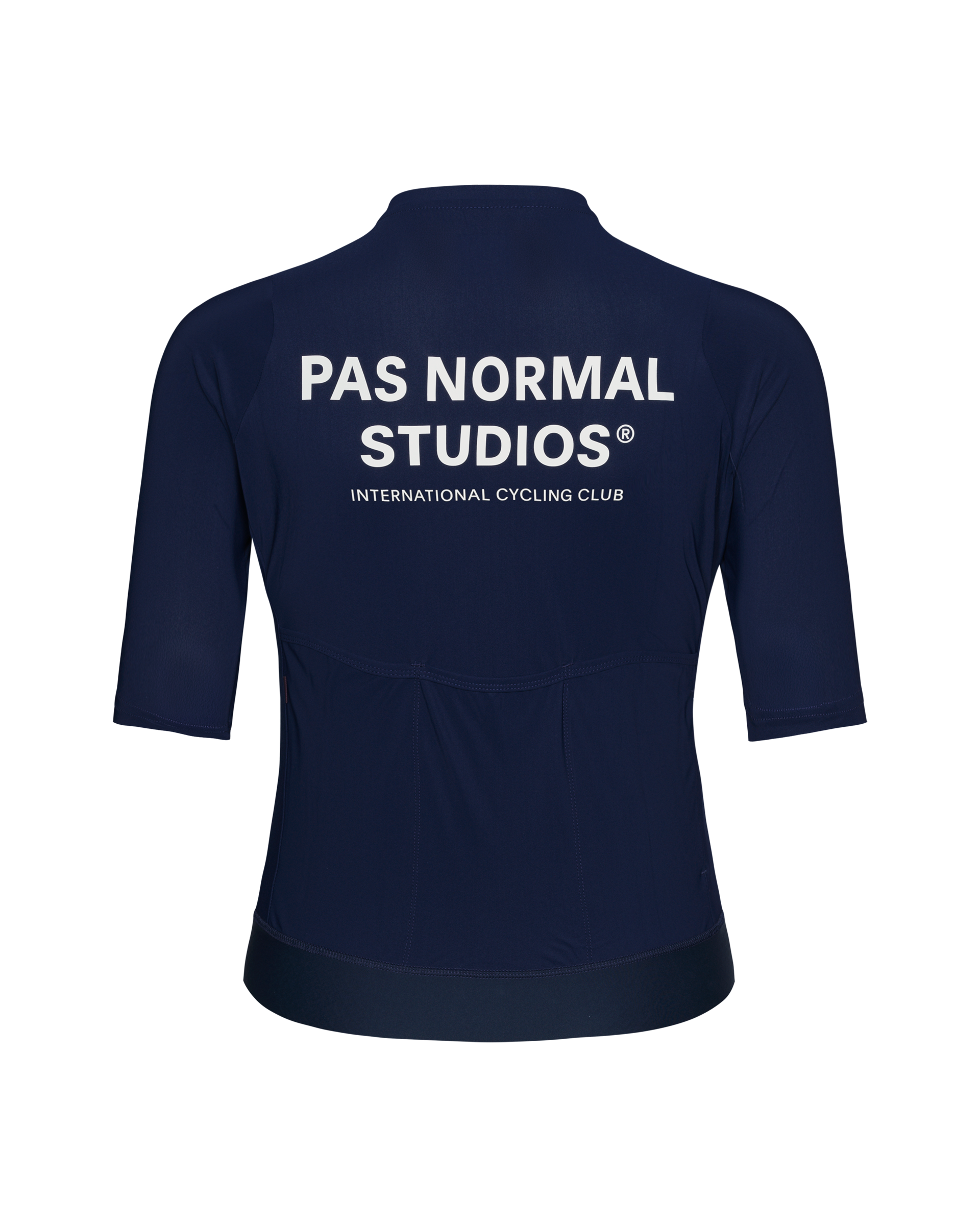 Navy Essential cycling jersey, rear flat lay with white logo print