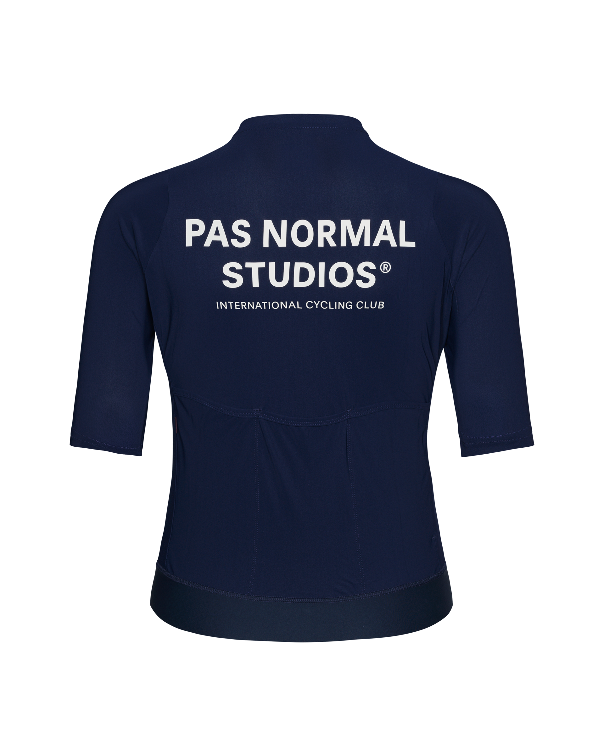 Navy Essential cycling jersey, rear flat lay with white logo print