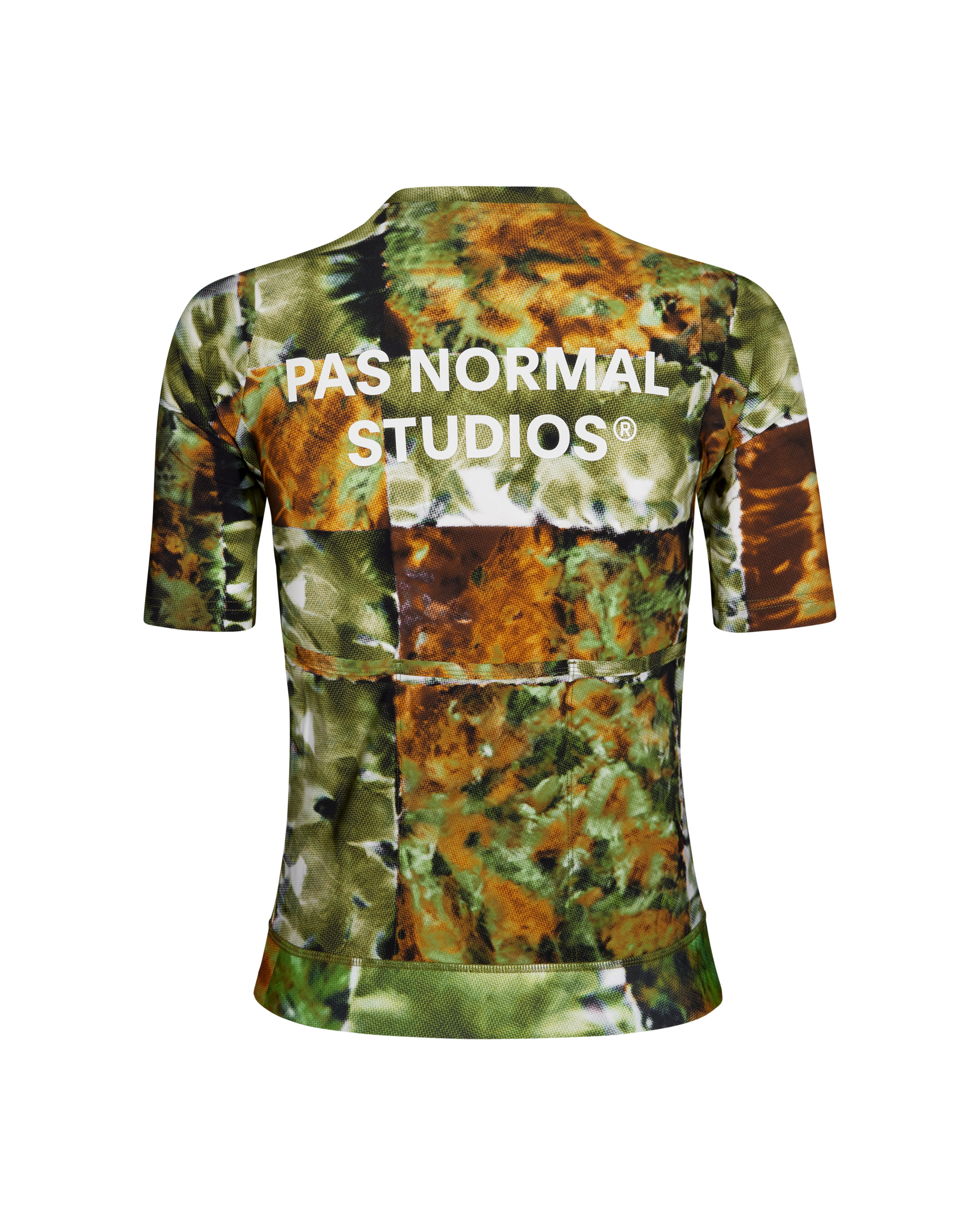Green Essential cycling jersey, rear view with kaleidoscope print and white back logo