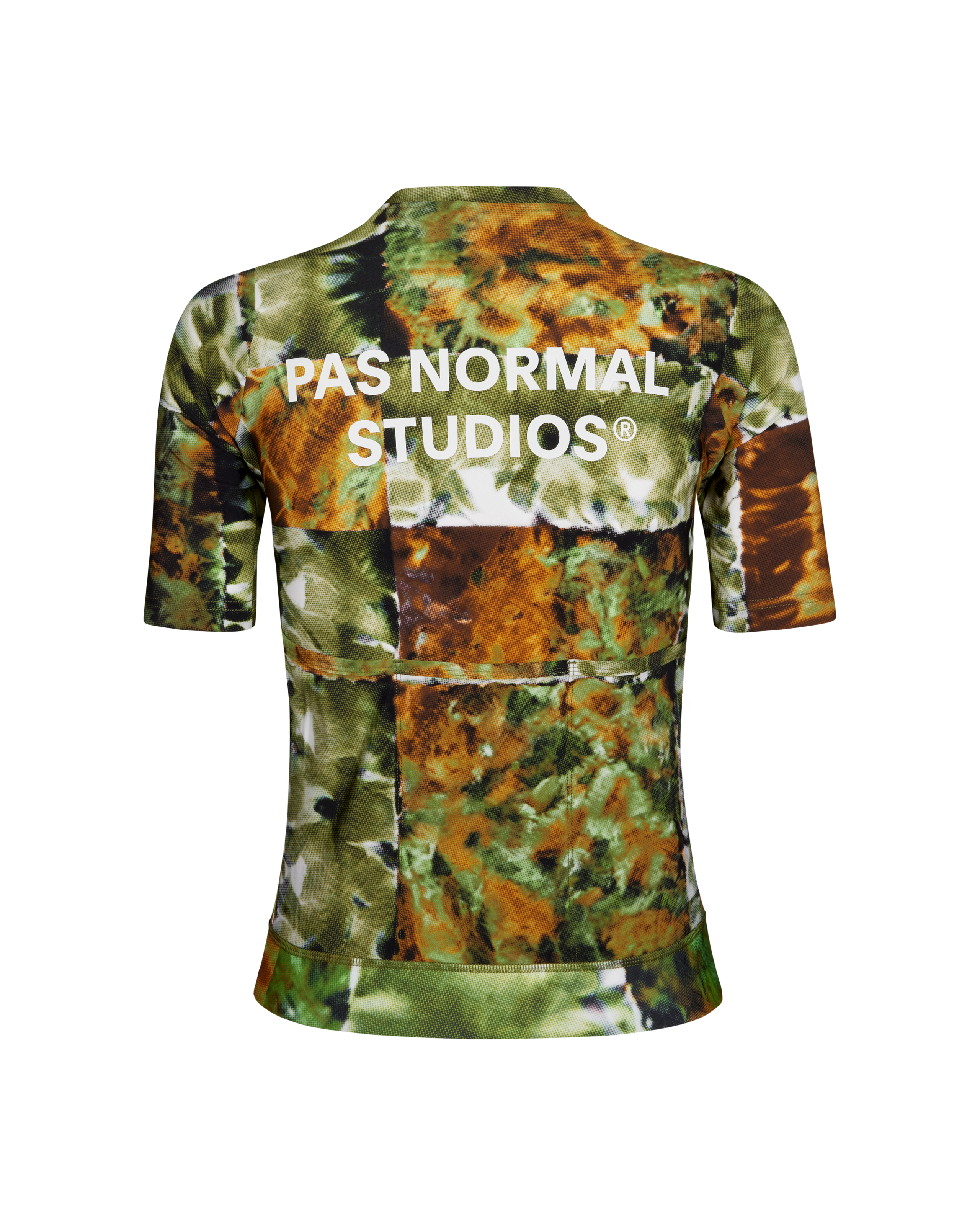 Green Essential cycling jersey, rear view with kaleidoscope print and white back logo