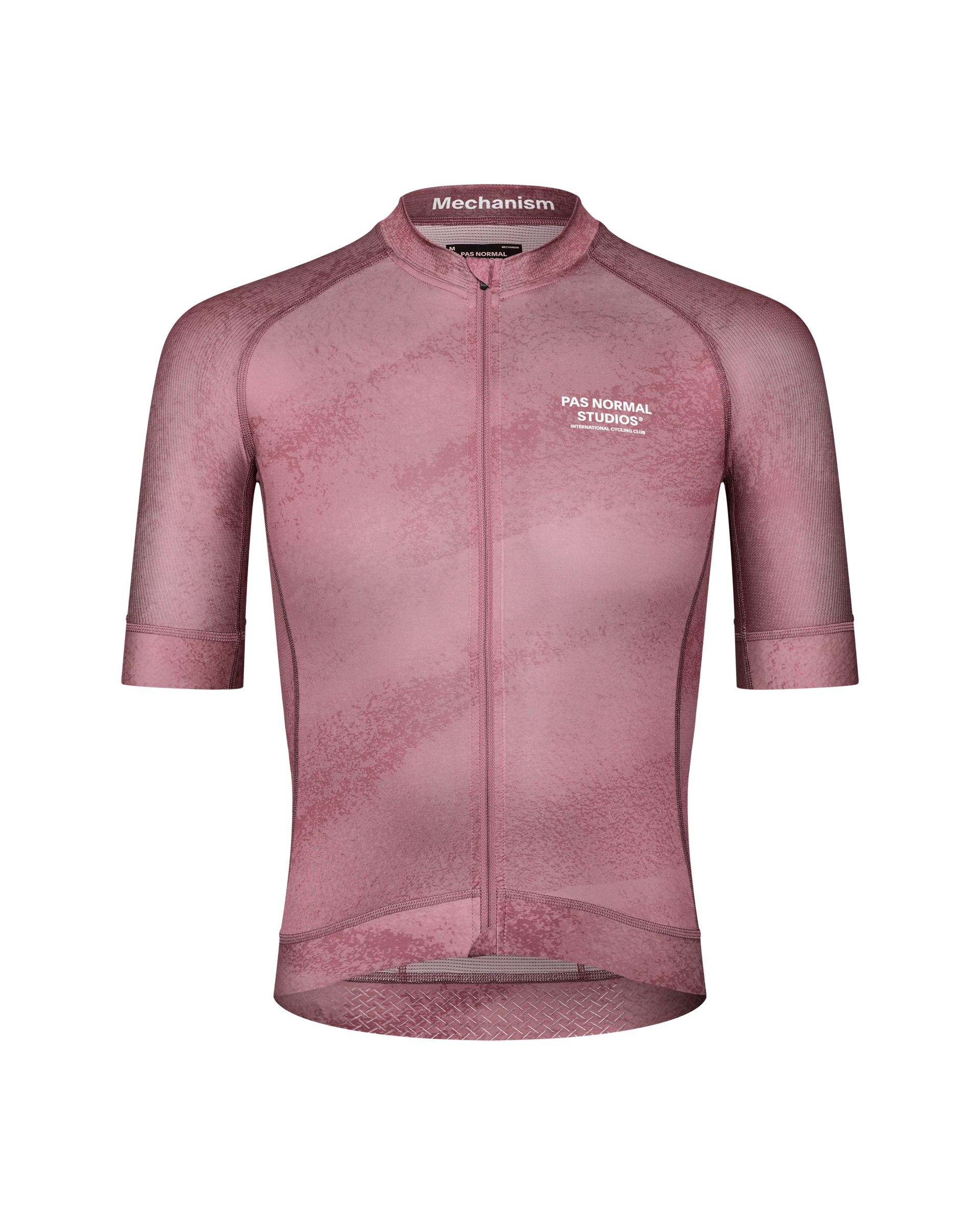 Purple Mechanism cycling jersey, front view with textured pattern and full zip
