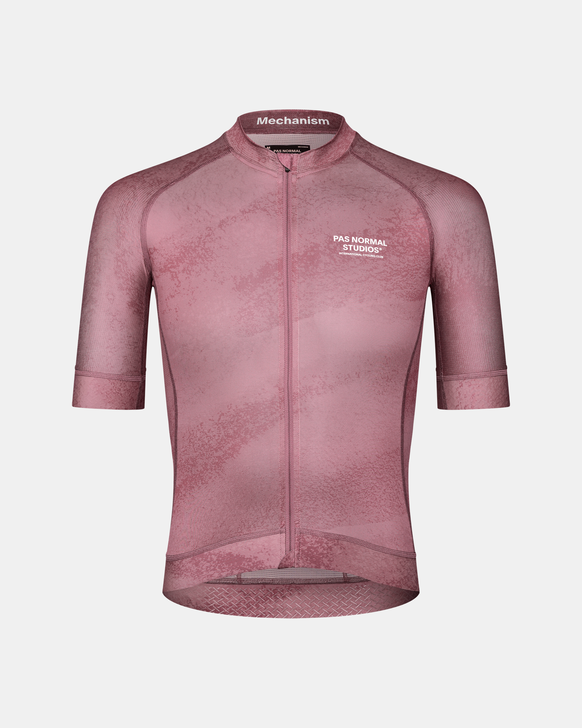 Purple Mechanism cycling jersey, front view with textured pattern and full zip