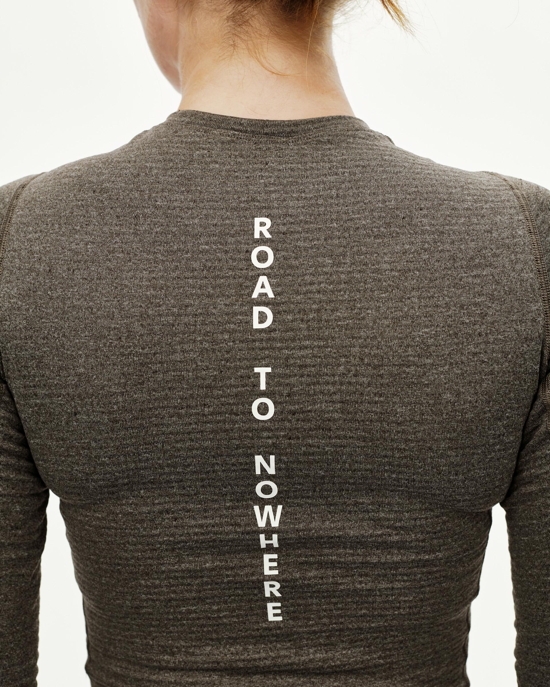 Dark Coffee brown Essential thermal long sleeve baselayer on model, rear view with vertical Road To Nowhere back print