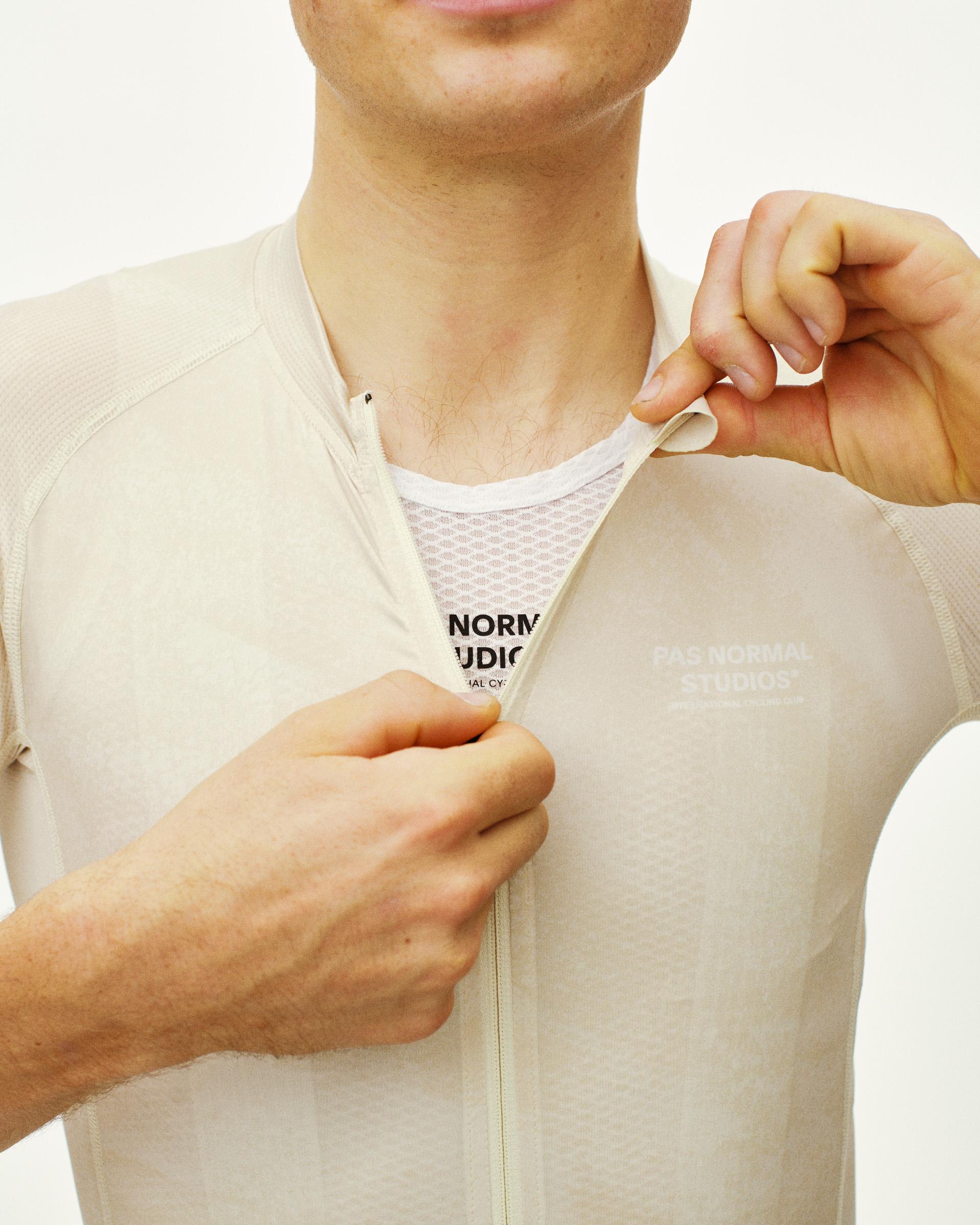 Off White Mechanism cycling jersey on model showing mesh base layer beneath