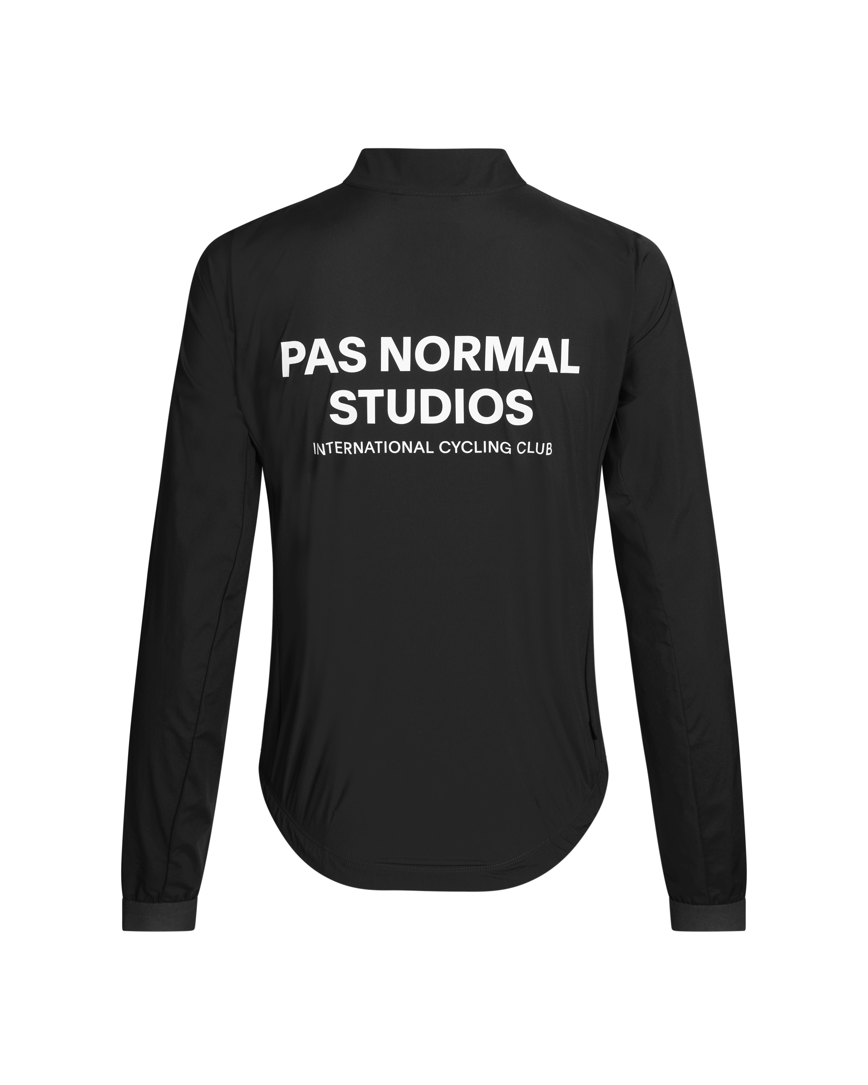 Black Mechanism Stow Away jacket, rear view with white logo print