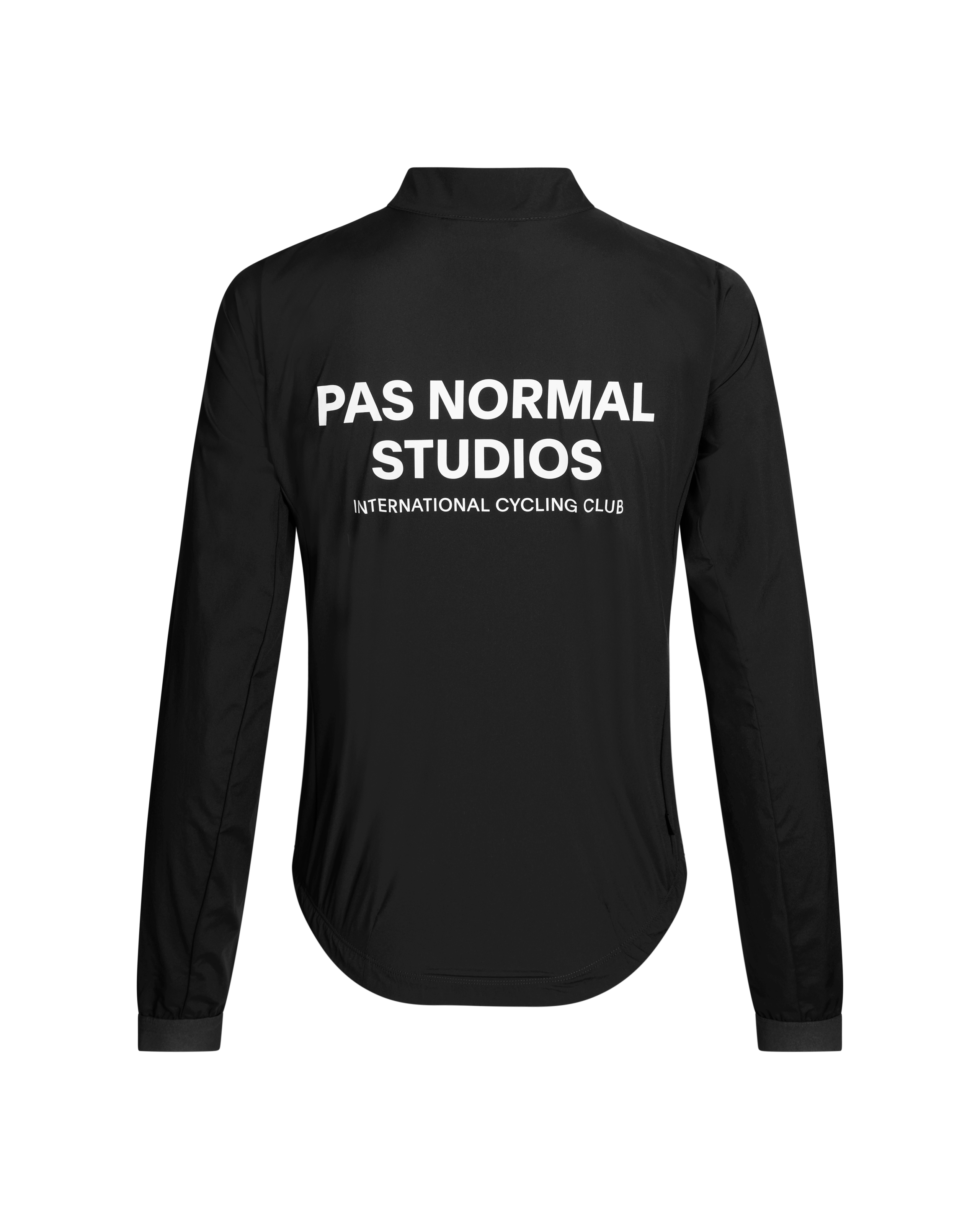 Black Mechanism Stow Away jacket, rear view with white logo print