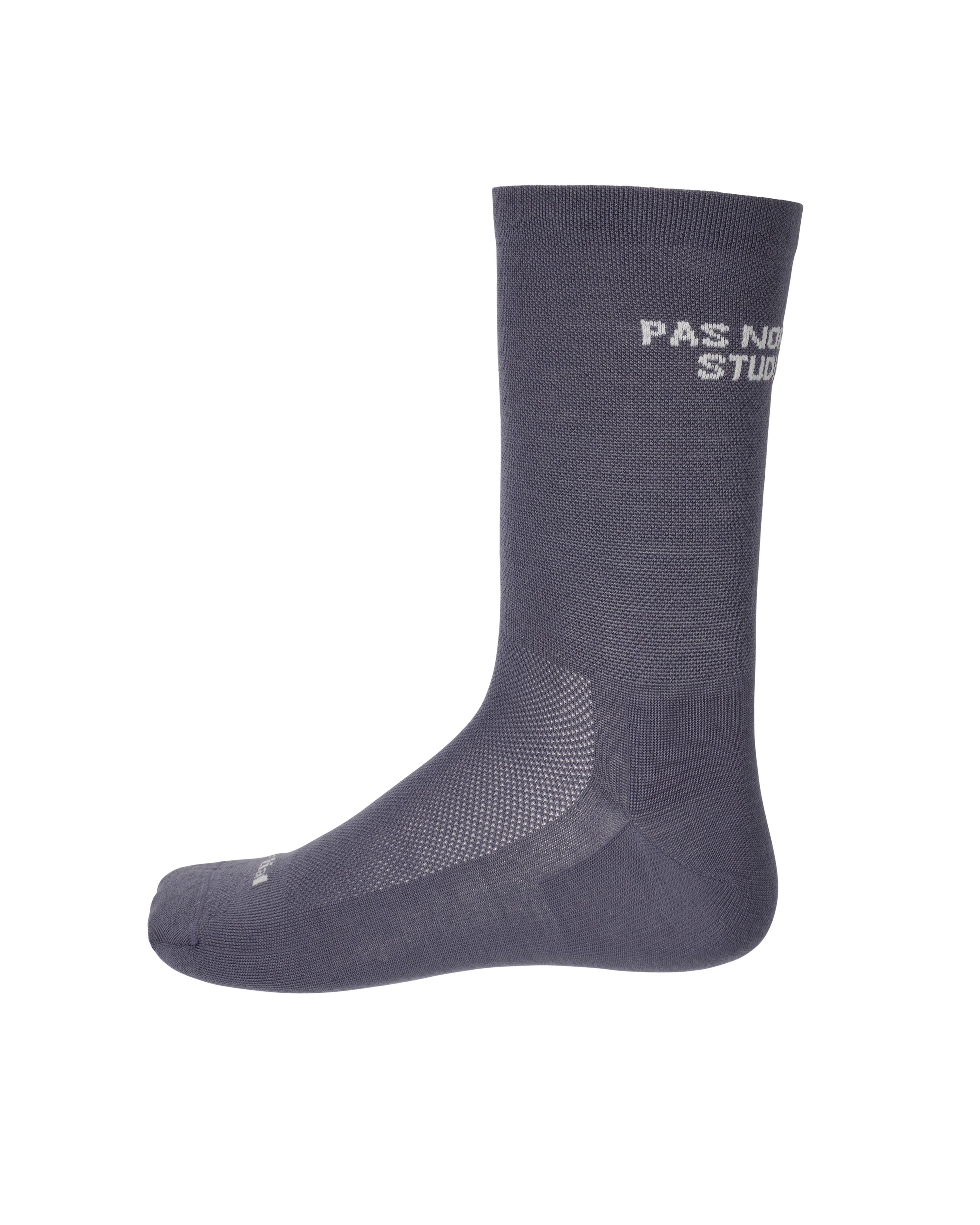 Iron Grey Essential cycling socks, side view with white text and mesh ventilation panels
