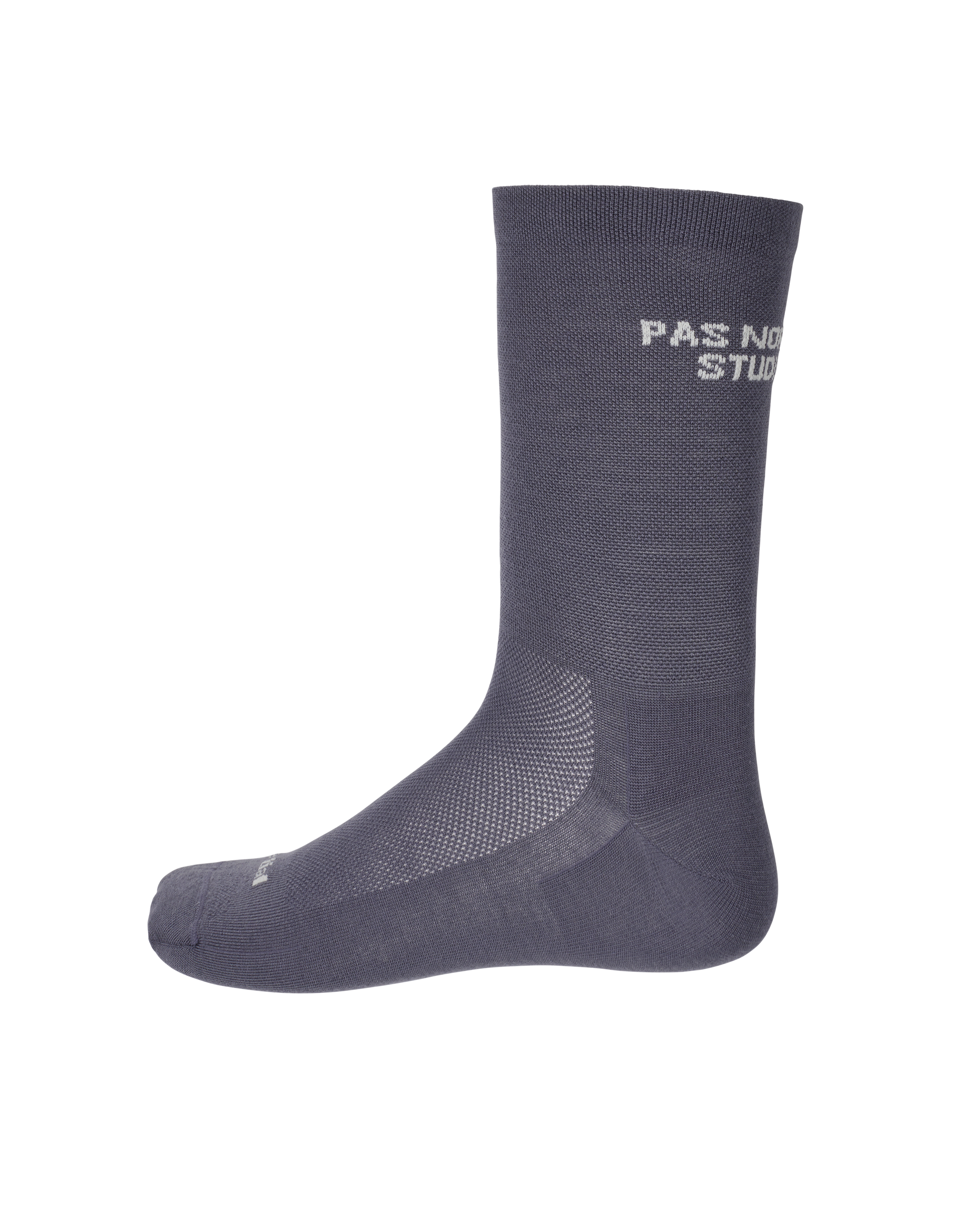 Iron Grey Essential cycling socks, side view with white text and mesh ventilation panels