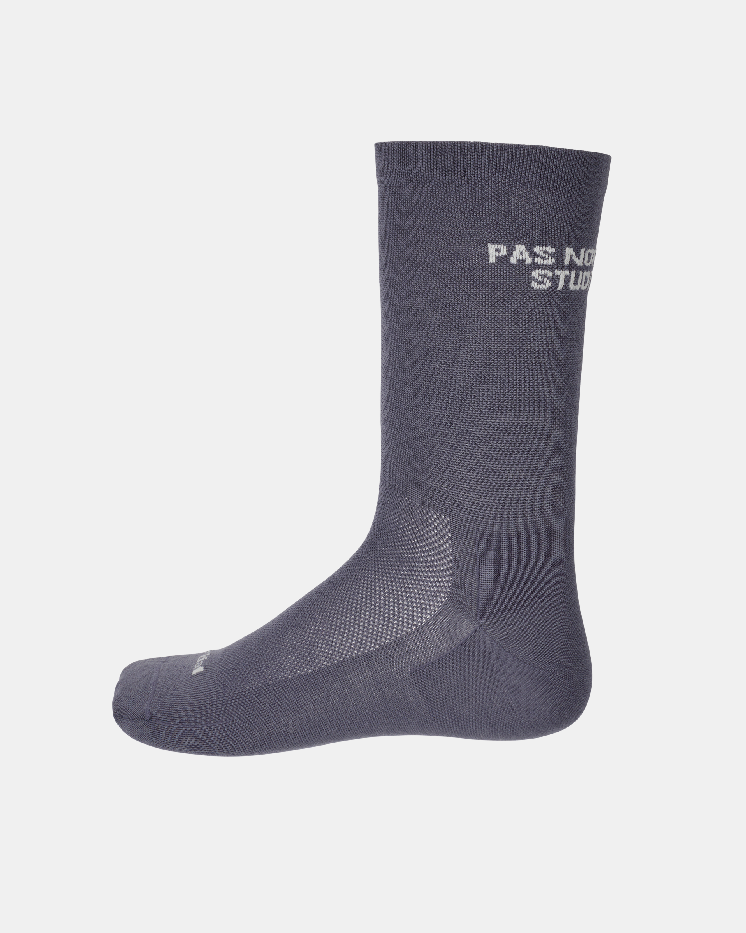 Iron Grey Essential cycling socks, side view with white text and mesh ventilation panels