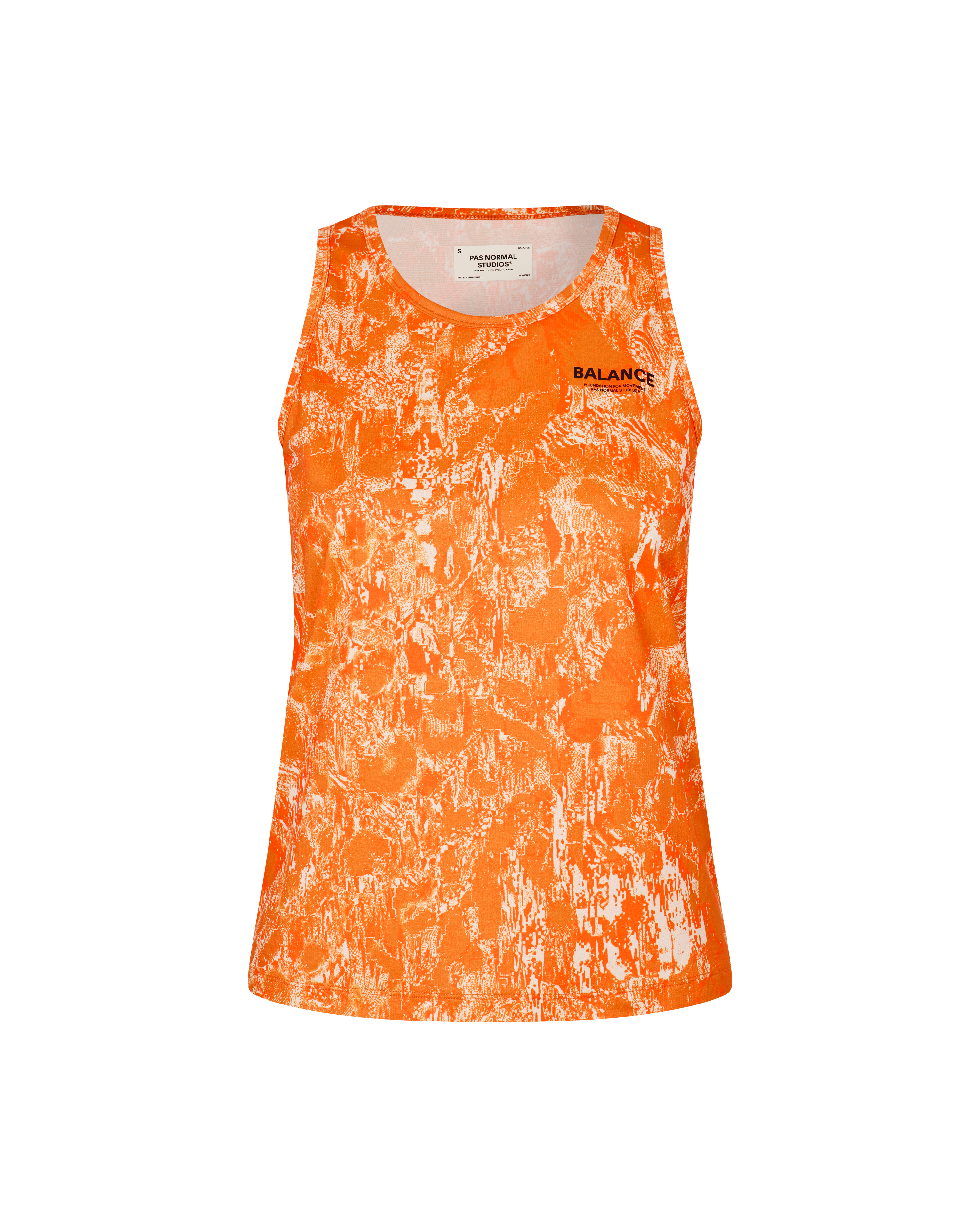 Orange Balance singlet, front flat lay with white abstract print pattern