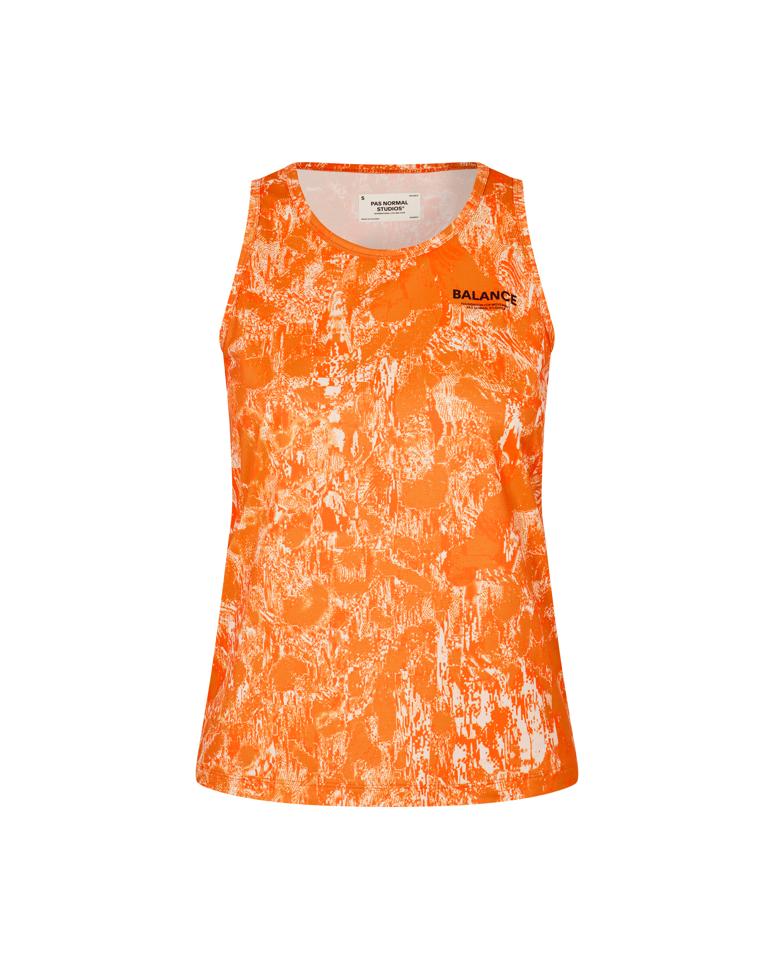 Orange Balance singlet, front flat lay with white abstract print pattern