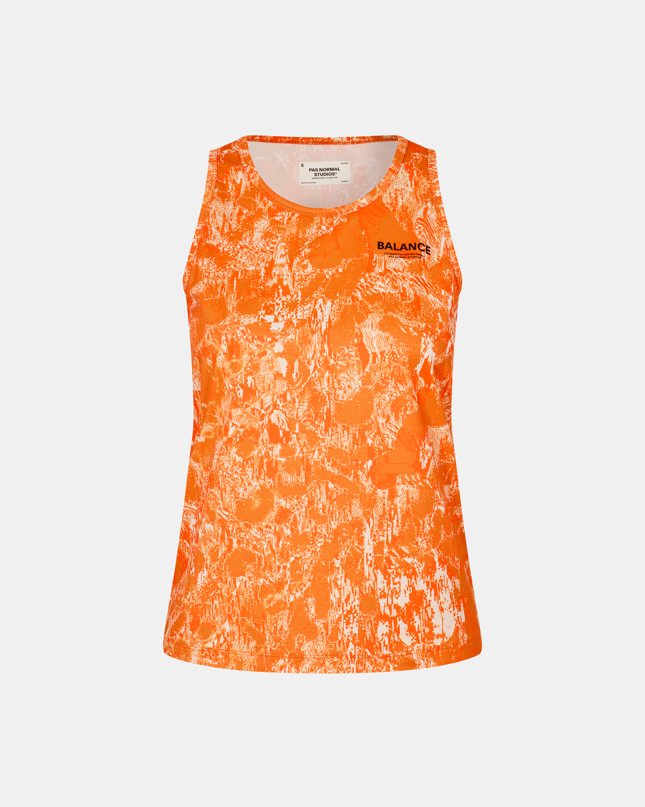 Orange Balance singlet, front flat lay with white abstract print pattern