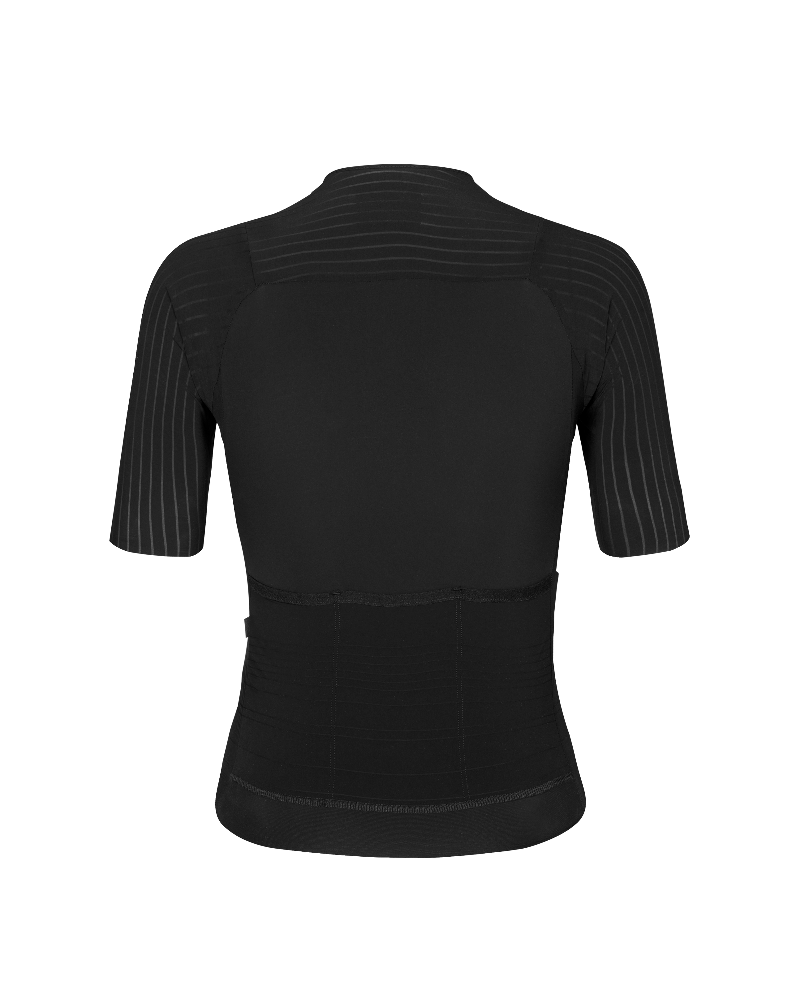 Black Mechanism Pro cycling jersey, rear flat lay with pinstripe sleeves and three rear pockets