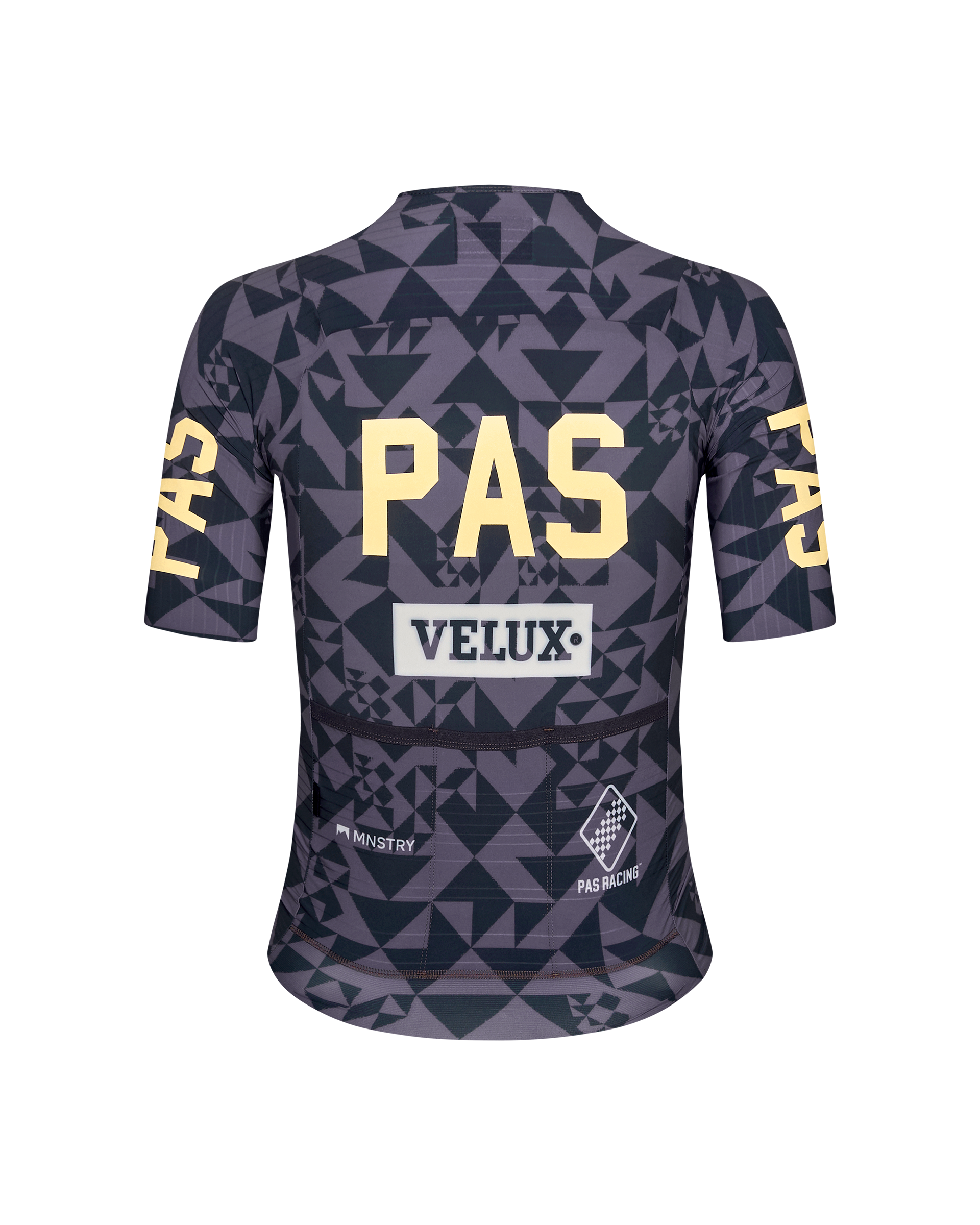 Origami Grey PAS Mechanism Pro women's cycling jersey, rear flat lay with geometric print and yellow PAS back print
