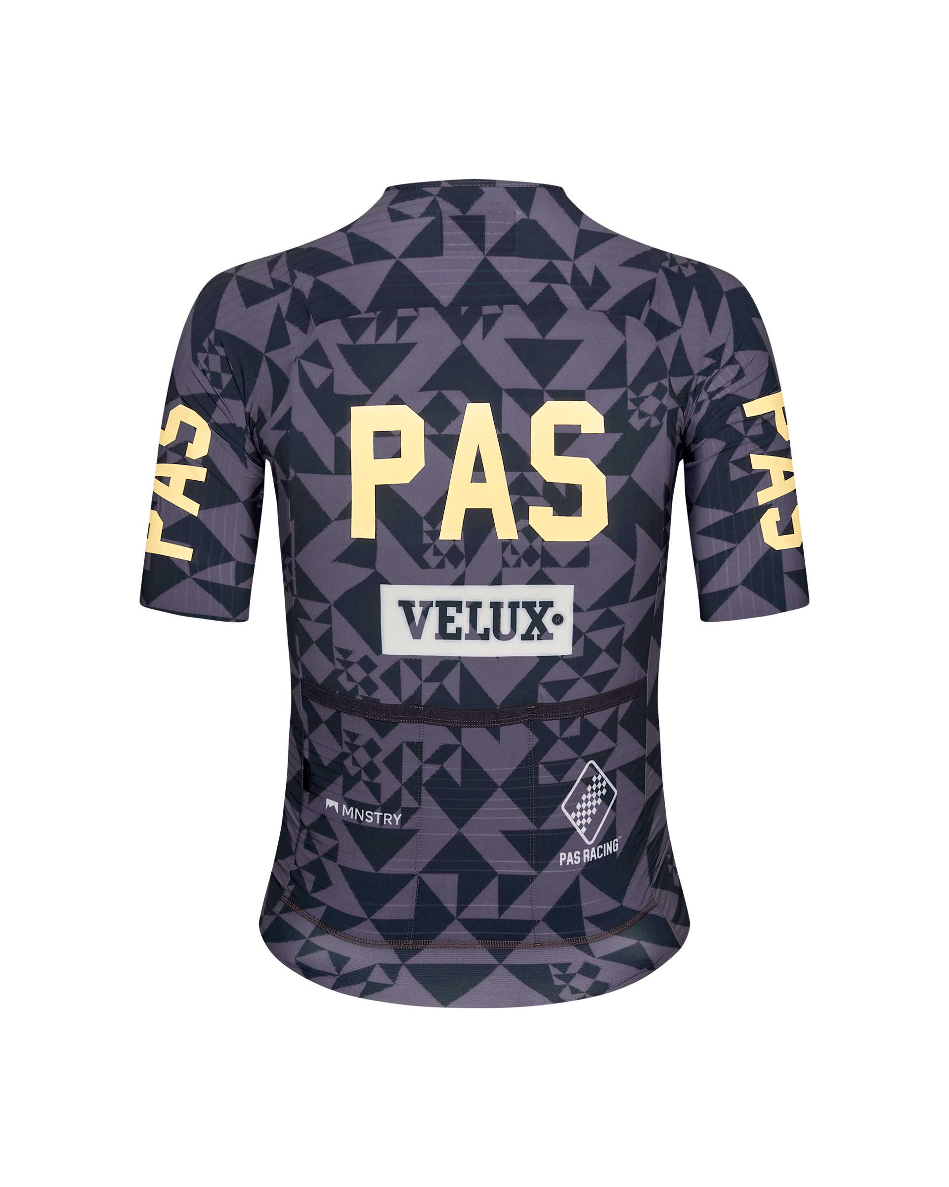 Origami Grey PAS Mechanism Pro women's cycling jersey, rear flat lay with geometric print and yellow PAS back print