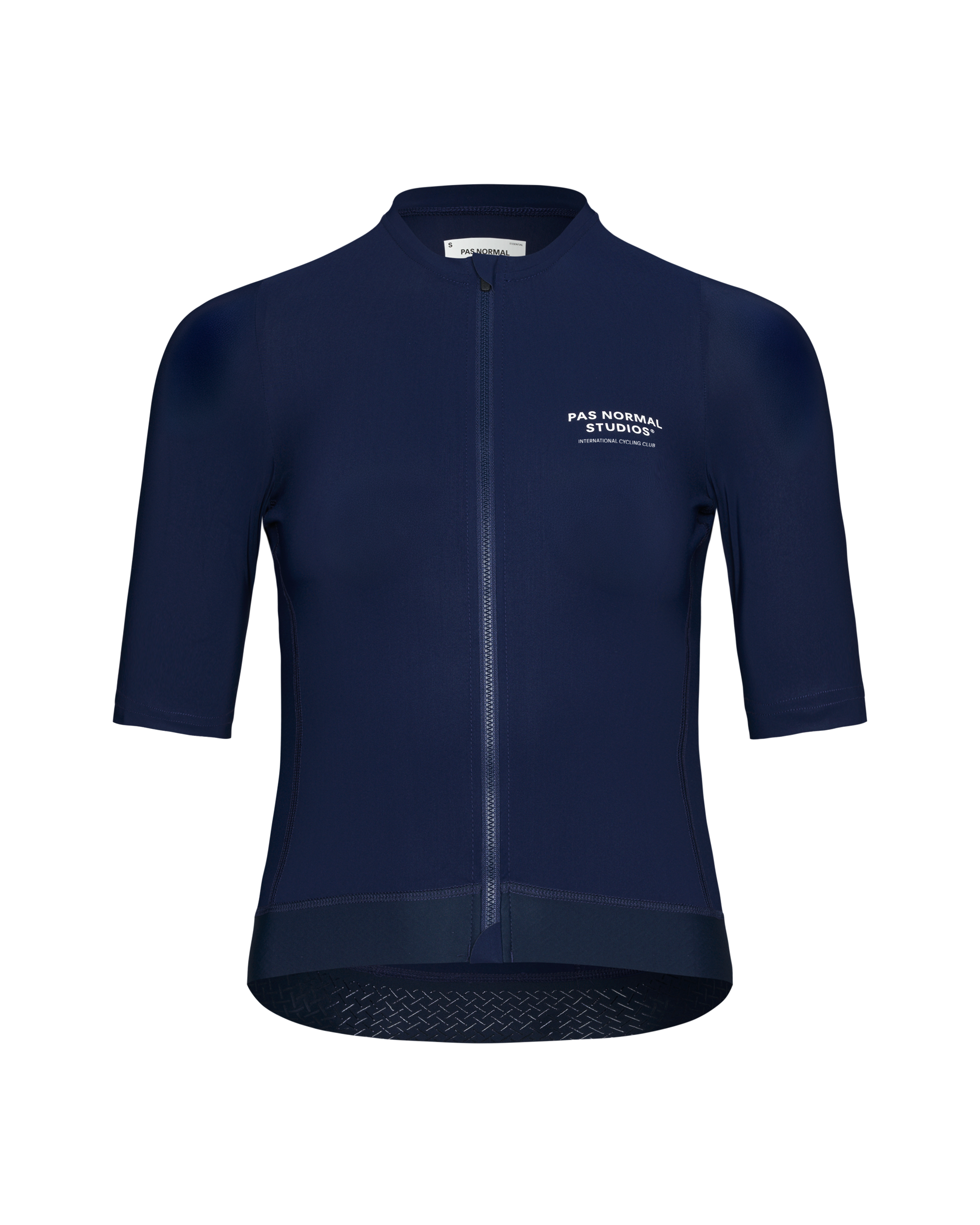 Navy Essential cycling jersey, front view with white chest logo