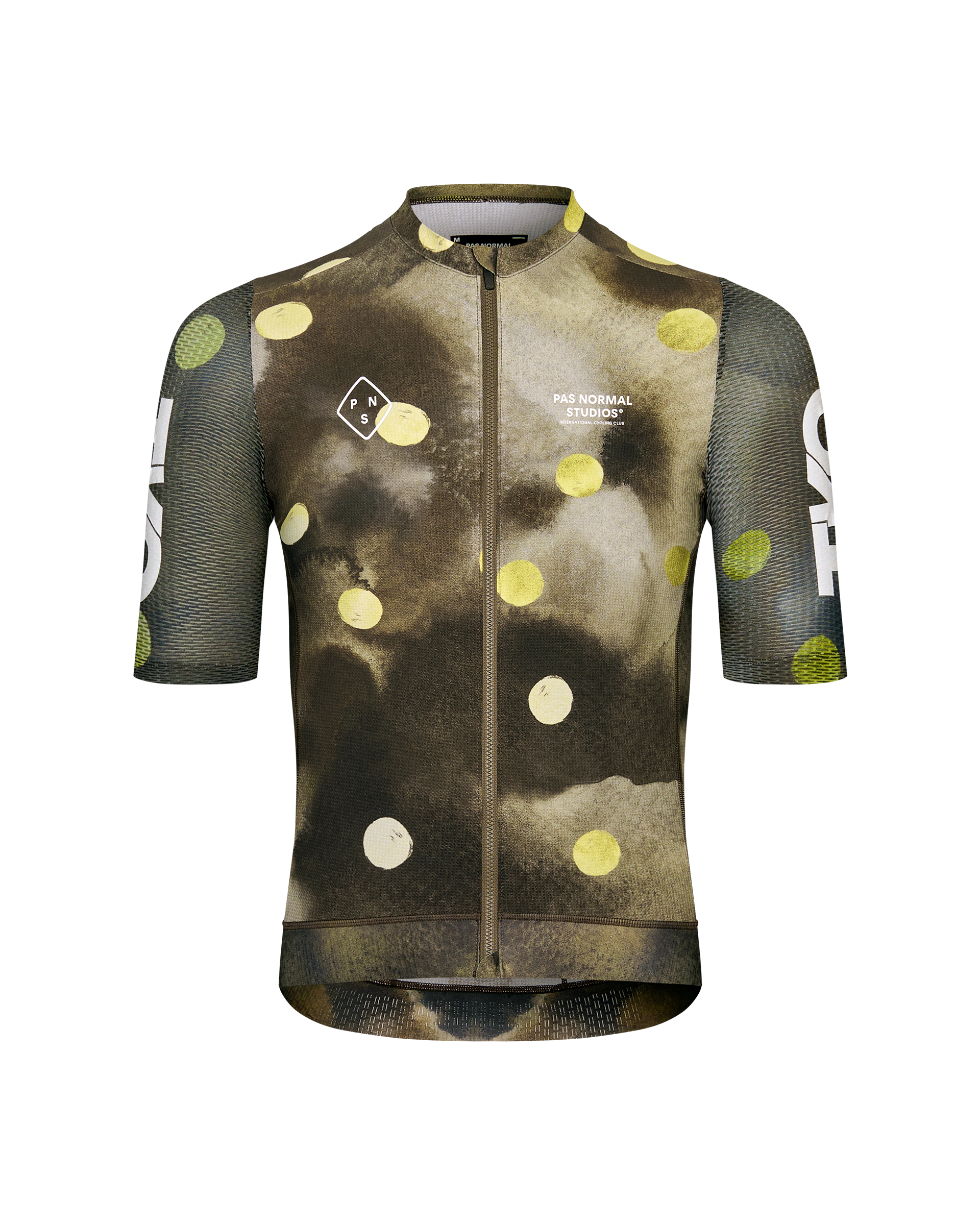 Green T.K.O. Essential Light cycling jersey, front view with yellow and white circle print