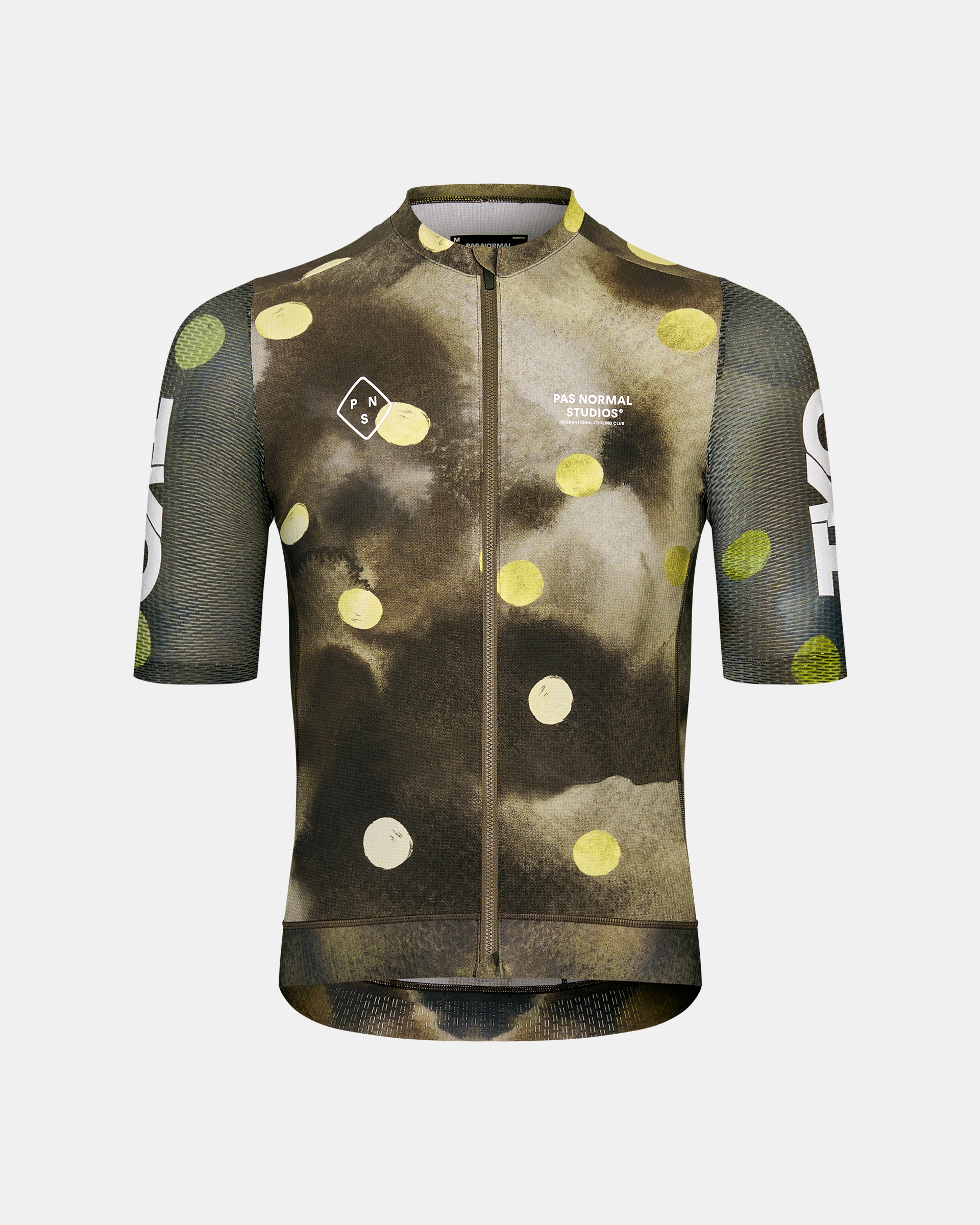Green T.K.O. Essential Light cycling jersey, front view with yellow and white circle print