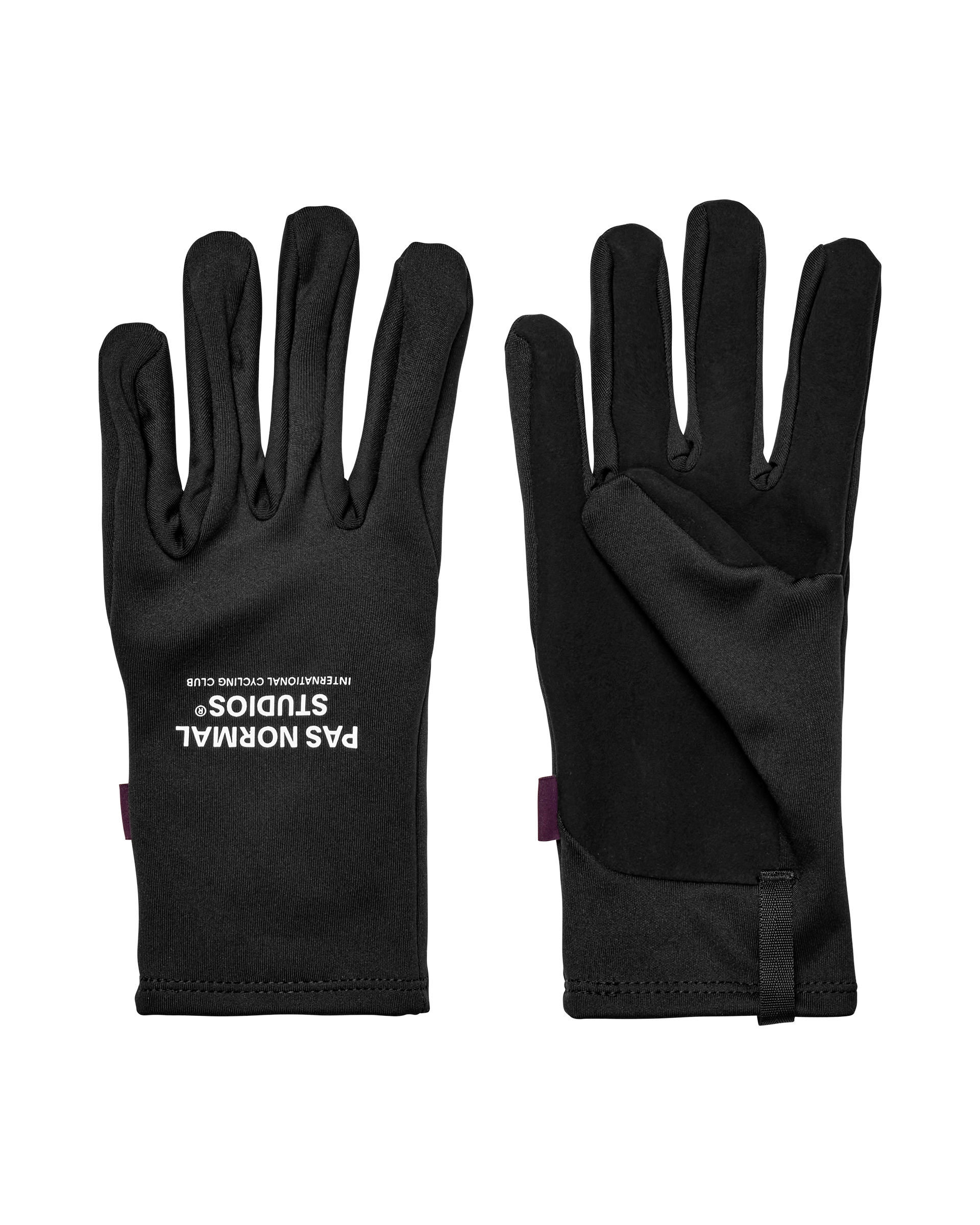 Black Logo Light cycling gloves, front and back flat lay pair with white logo print on palm