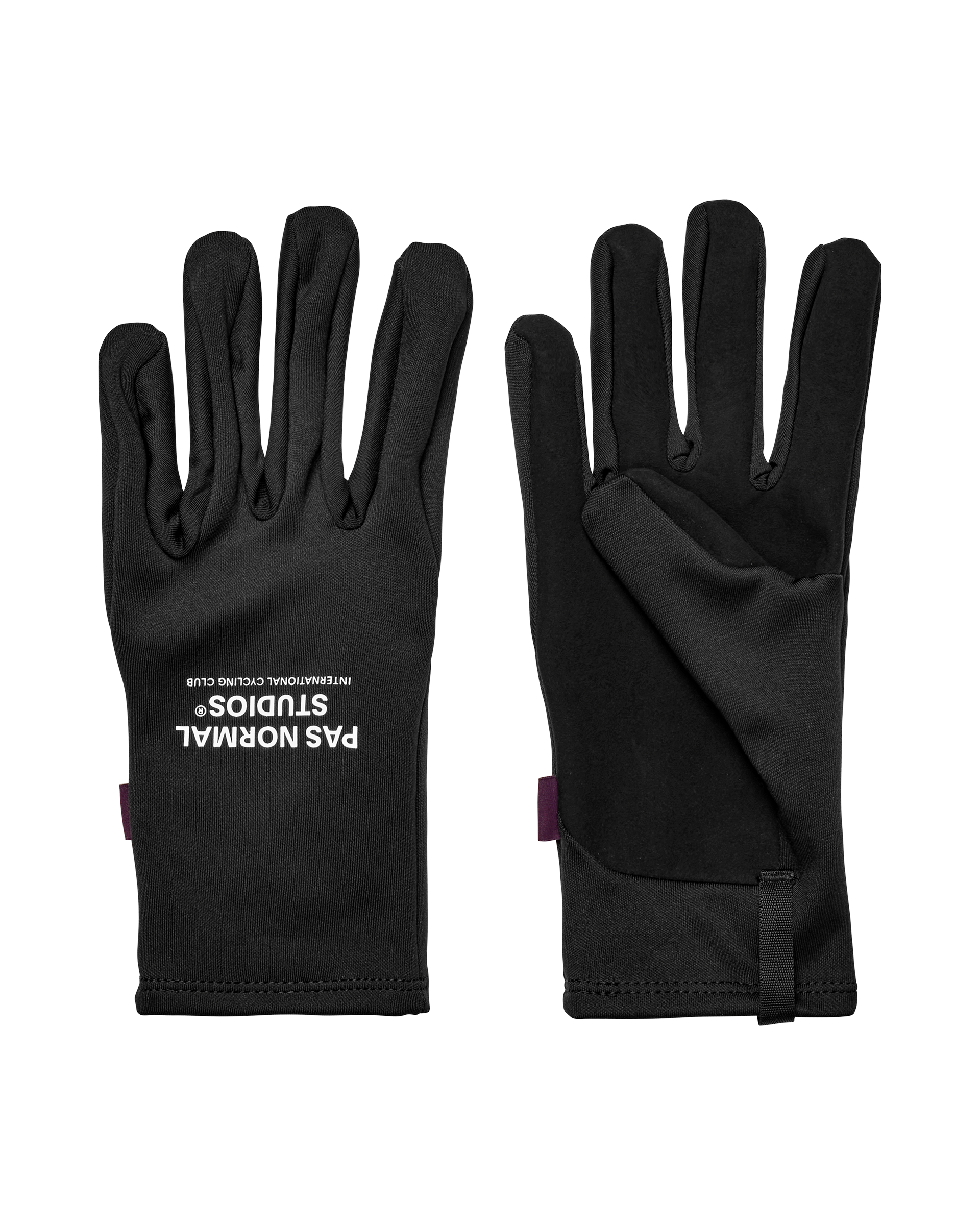Black Logo Light cycling gloves, front and back flat lay pair with white logo print on palm