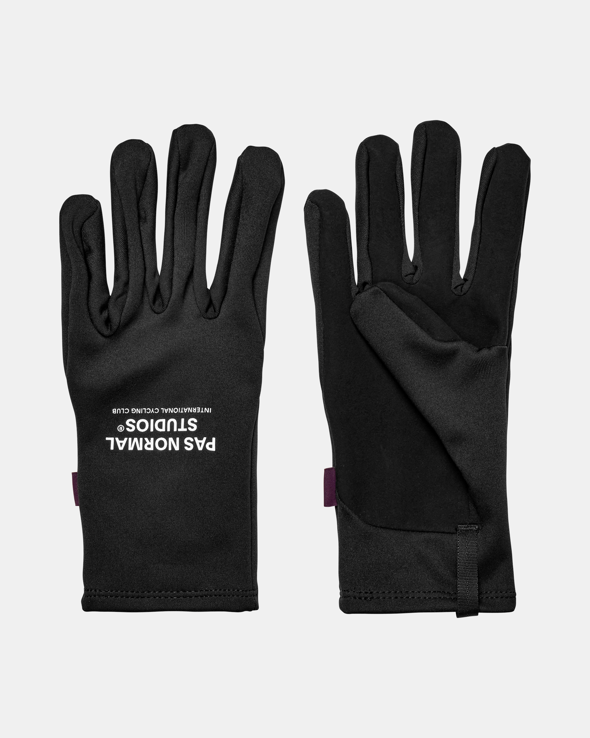 Black Logo Light cycling gloves, front and back flat lay pair with white logo print on palm