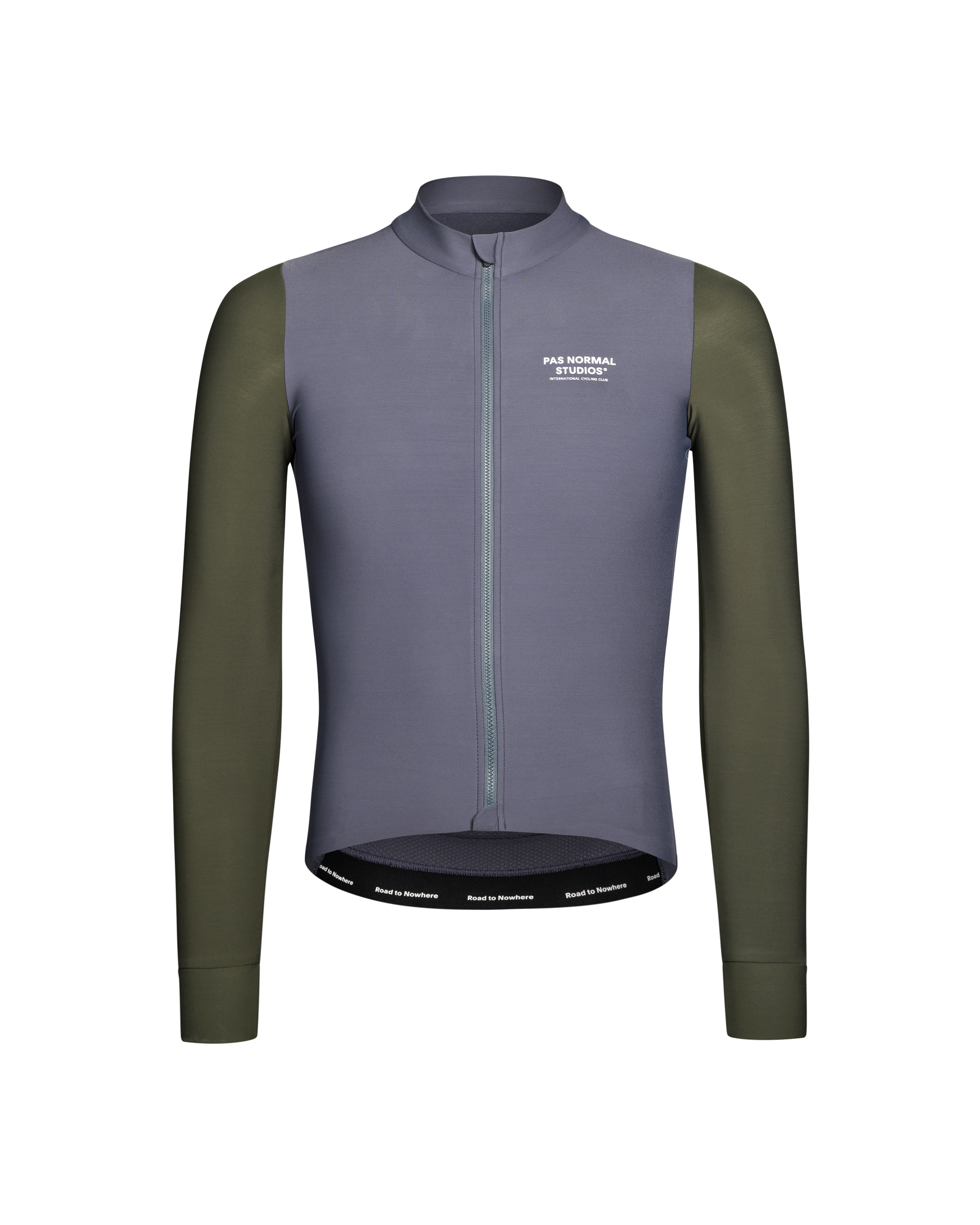 Grey Mechanism long sleeve cycling jersey with green sleeves, front view with full zip