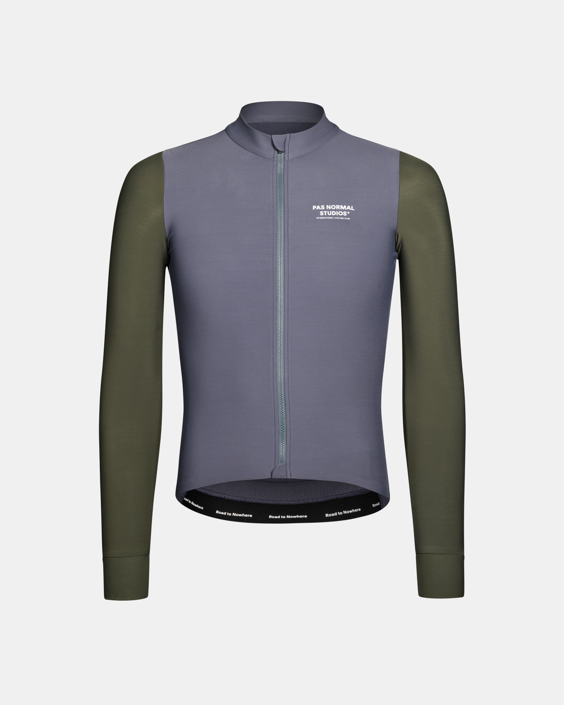 Grey Mechanism long sleeve cycling jersey with green sleeves, front view with full zip