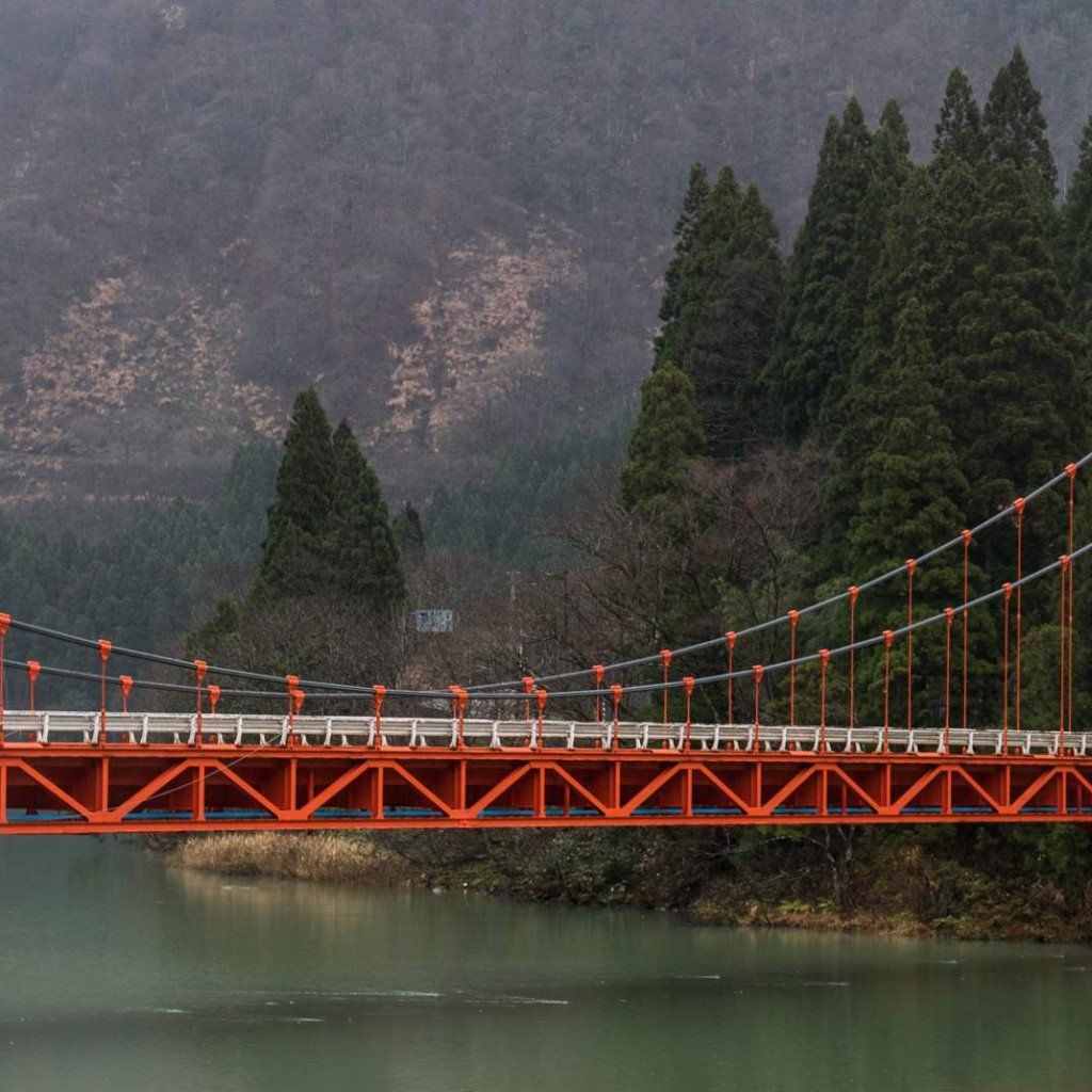 Red suspension bridge over calm water with forested mountains in background