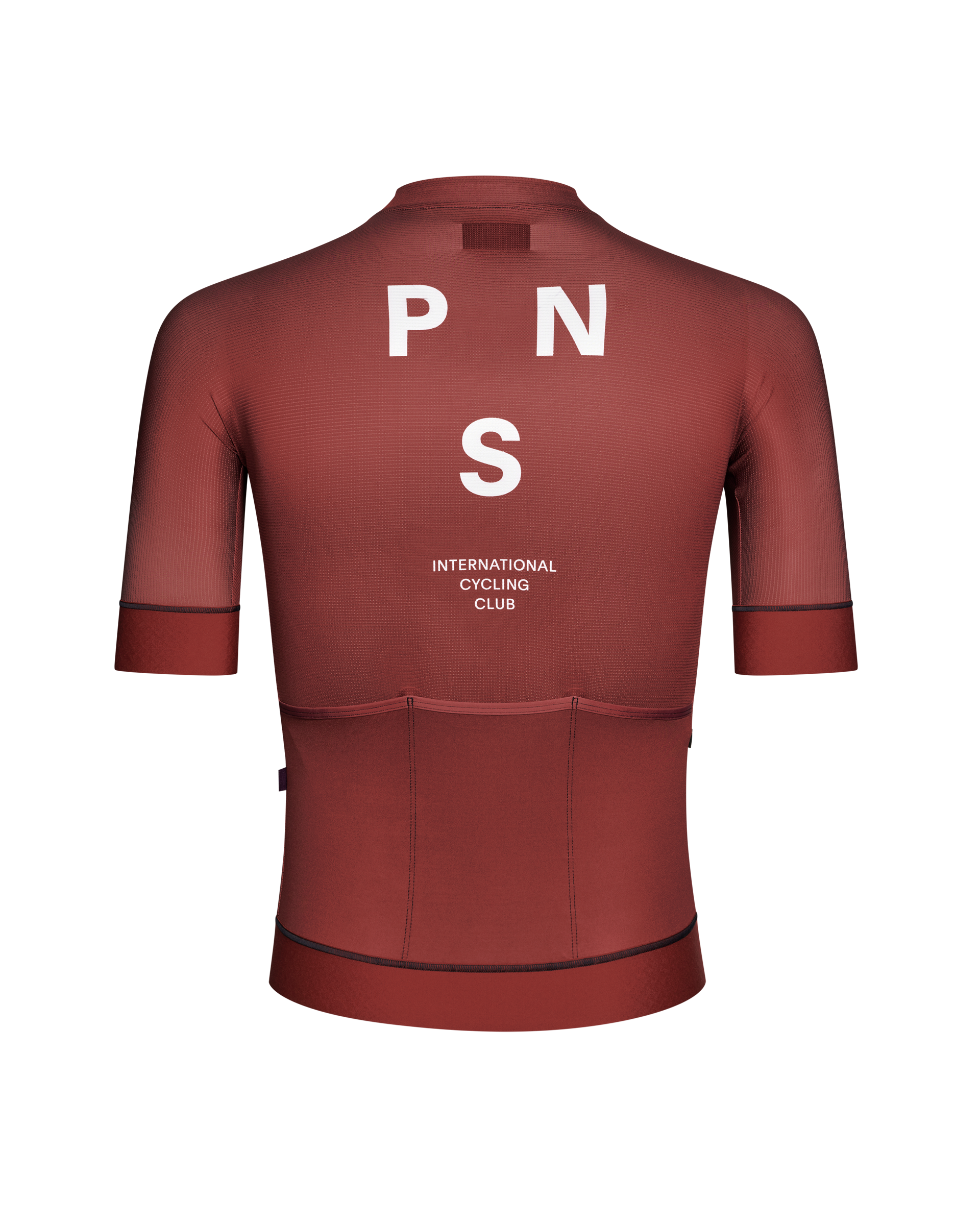 Maroon Mechanism cycling jersey, rear view with white PNS logo and three back pockets