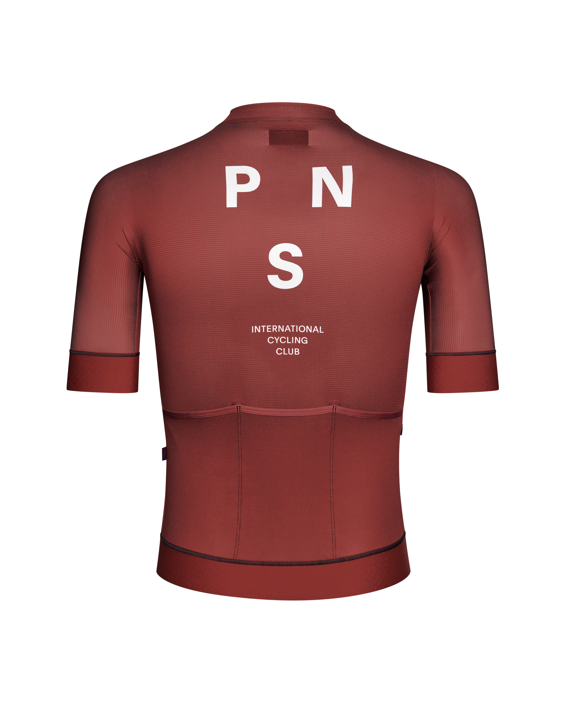 Maroon Mechanism cycling jersey, rear view with white PNS logo and three back pockets