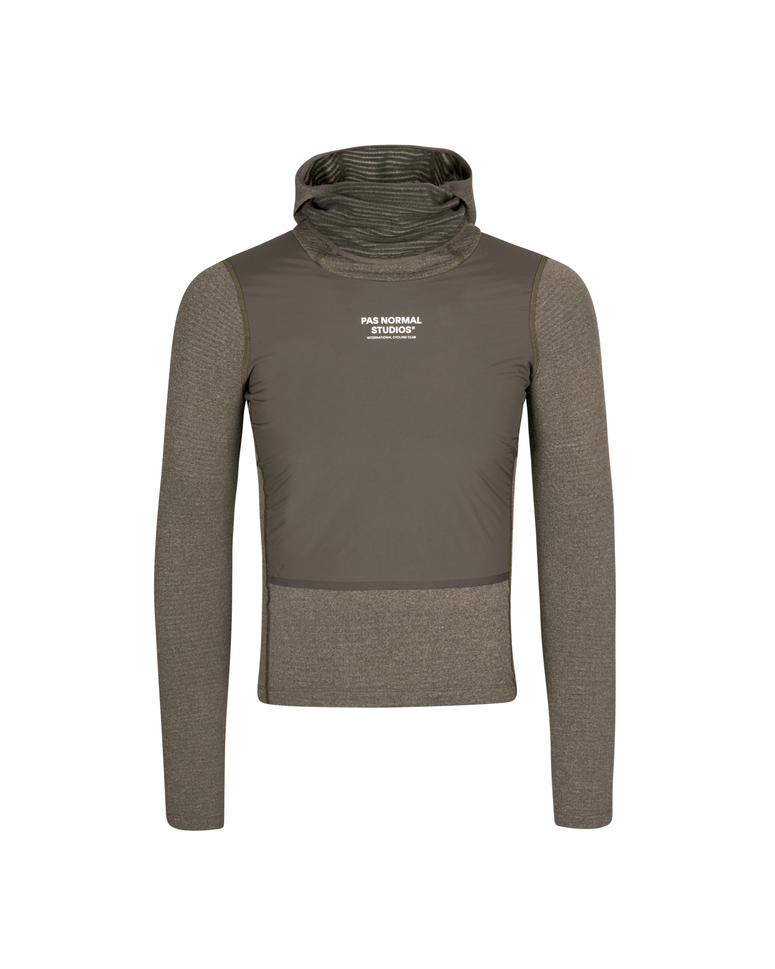 Dark Stone thermal hooded windproof base layer, front view with contrast panel and white chest logo