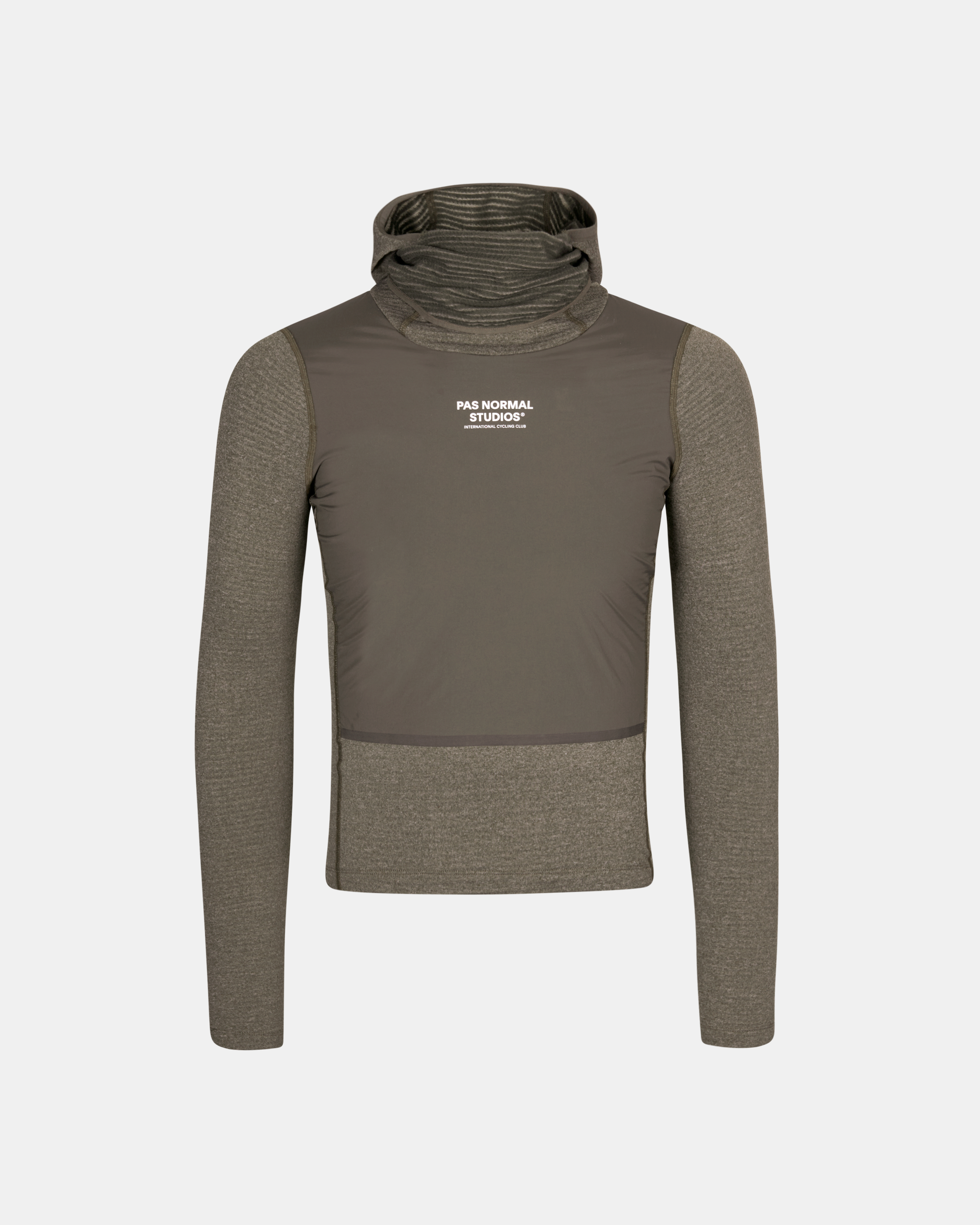 Dark Stone thermal hooded windproof base layer, front view with contrast panel and white chest logo