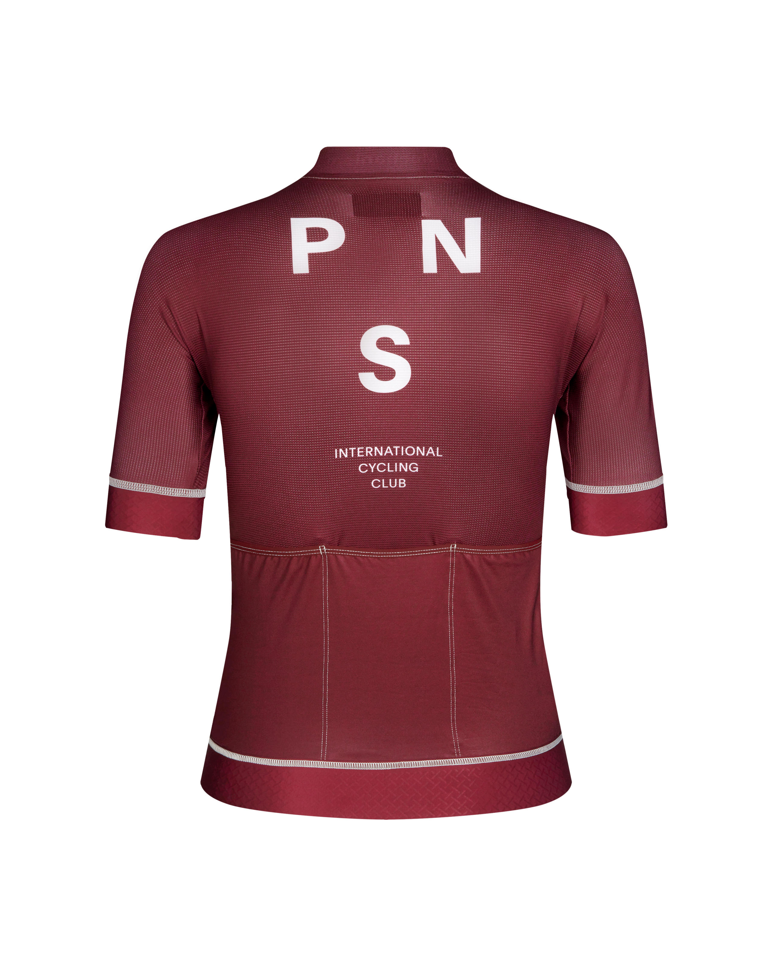 Burgundy Mechanism cycling jersey, rear view with white PNS logo and contrast stitching
