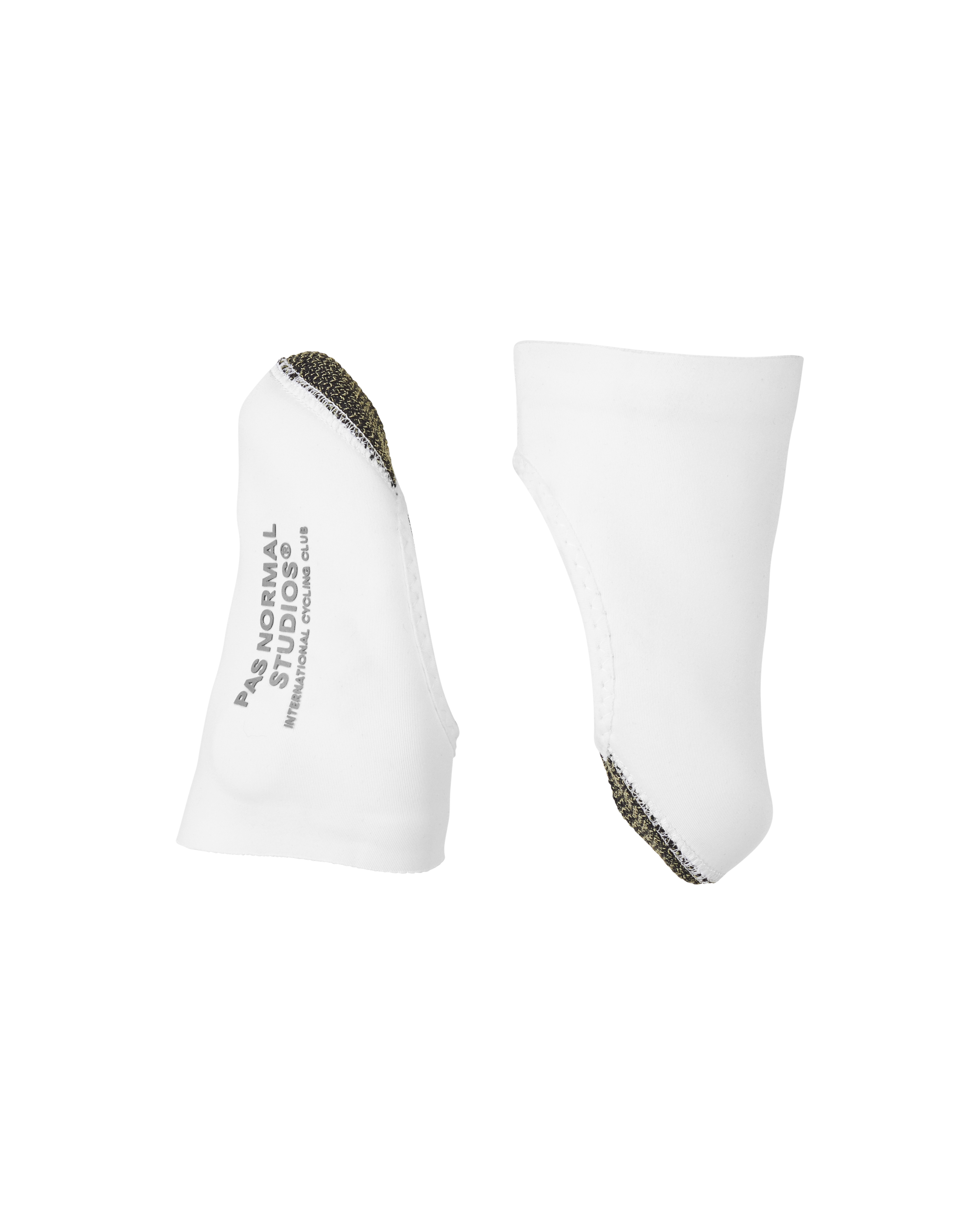 White Logo cycling toe covers, pair flat lay with textured grip strips