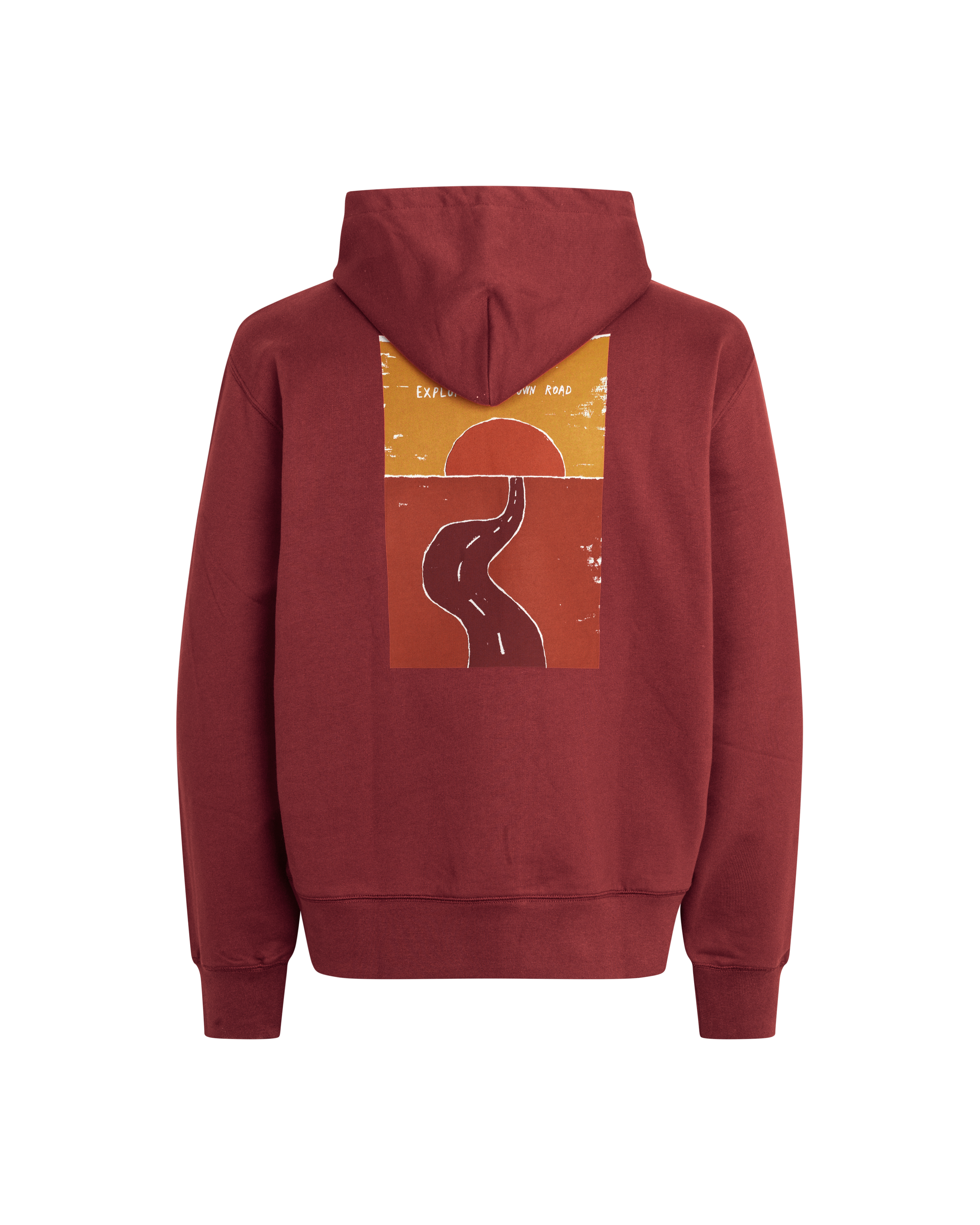 Maroon Off-Race Graphic hoodie, rear view with winding road and sunset print