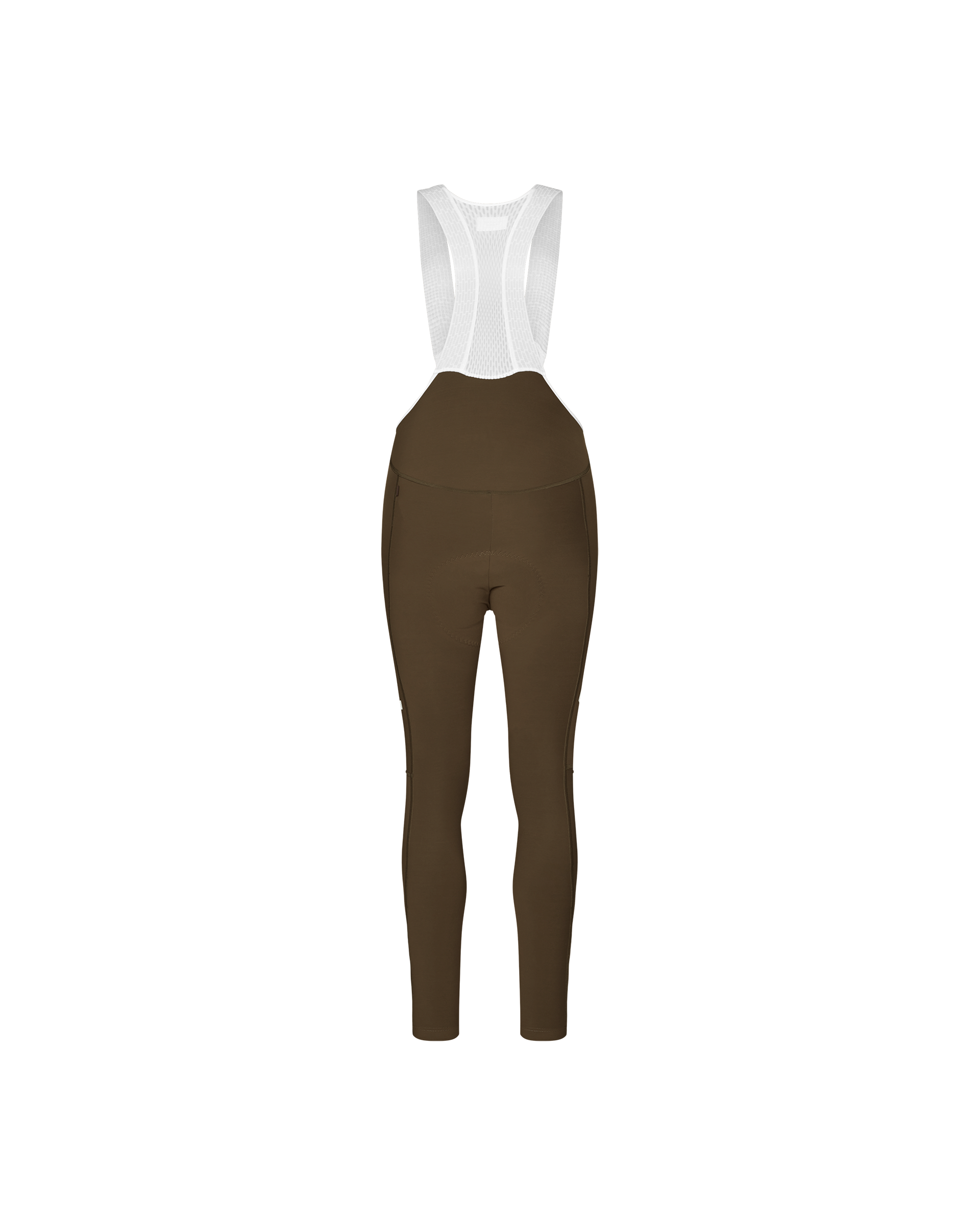 Dark Earth brown PAS Mechanism women's thermal long cycling bib tights, front flat lay with white mesh bib panel