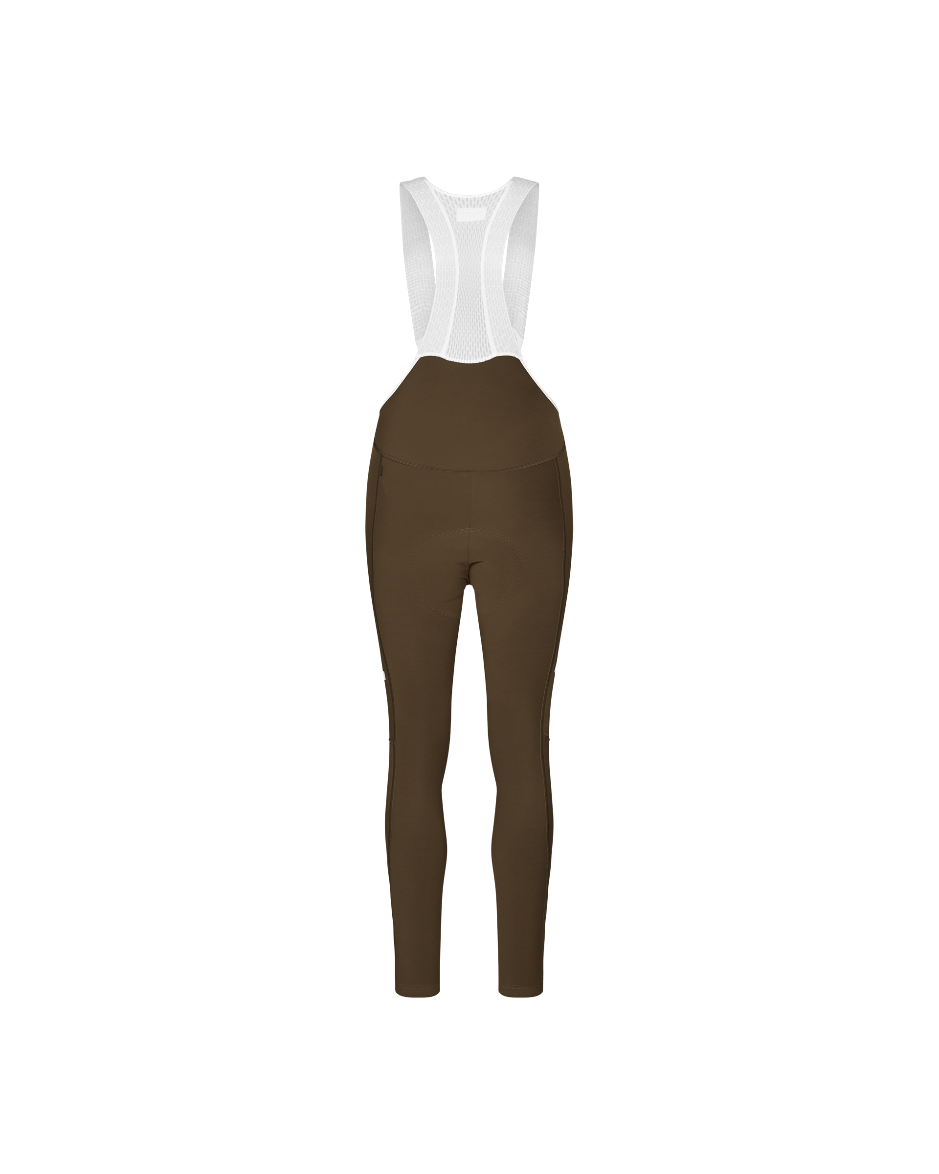Dark Earth brown PAS Mechanism women's thermal long cycling bib tights, front flat lay with white mesh bib panel