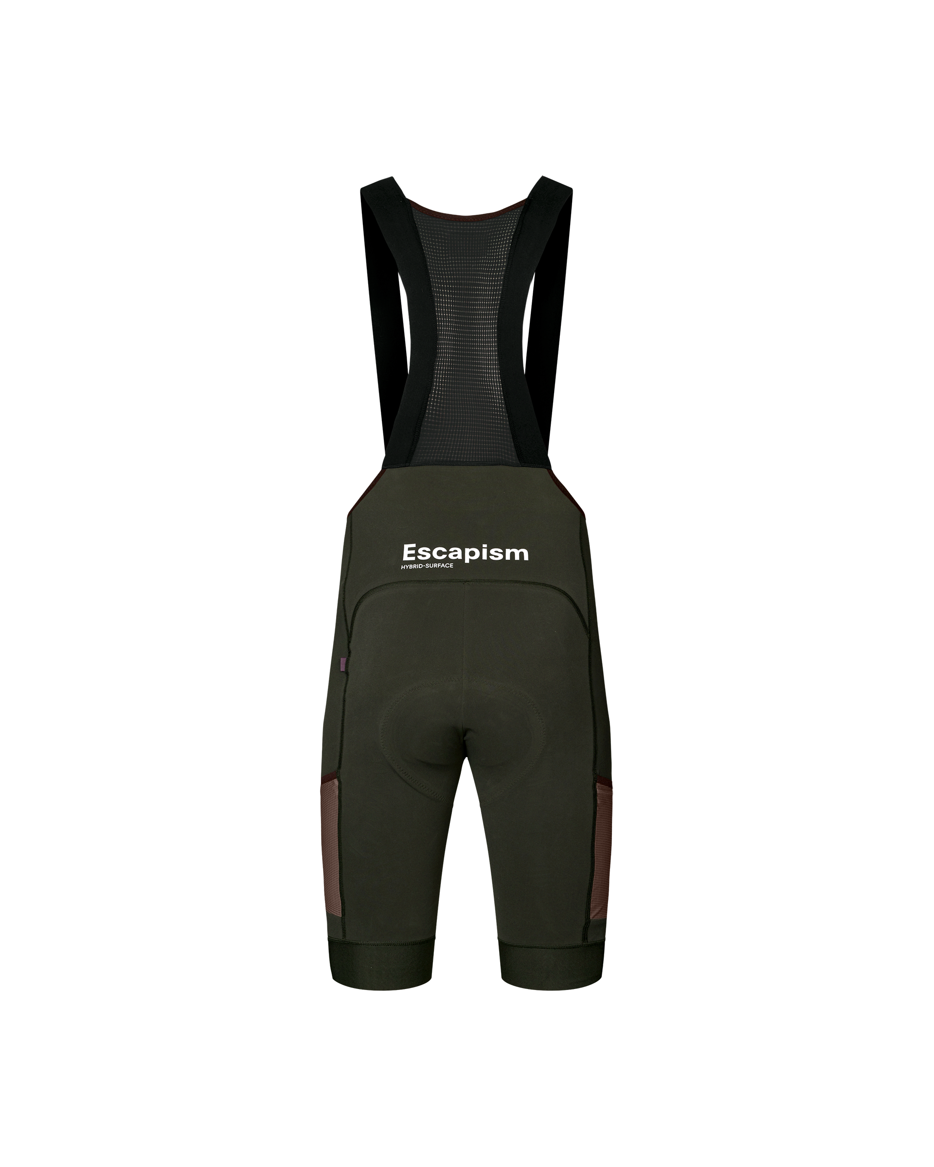 Dark Olive Escapism Cargo cycling bibs, rear flat lay with mesh bib panel and dark contrast side panels