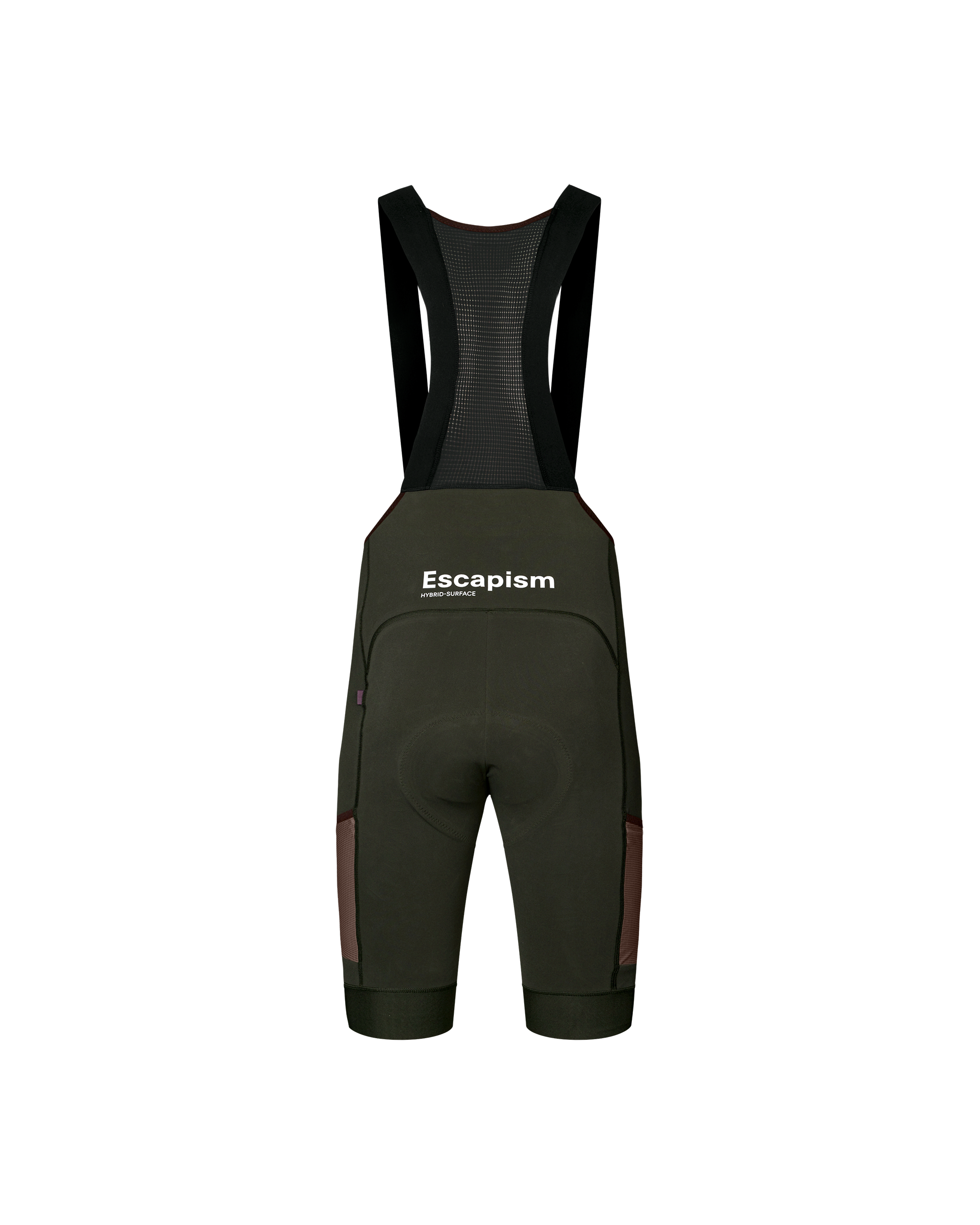 Dark Olive Escapism Cargo cycling bibs, rear flat lay with mesh bib panel and dark contrast side panels